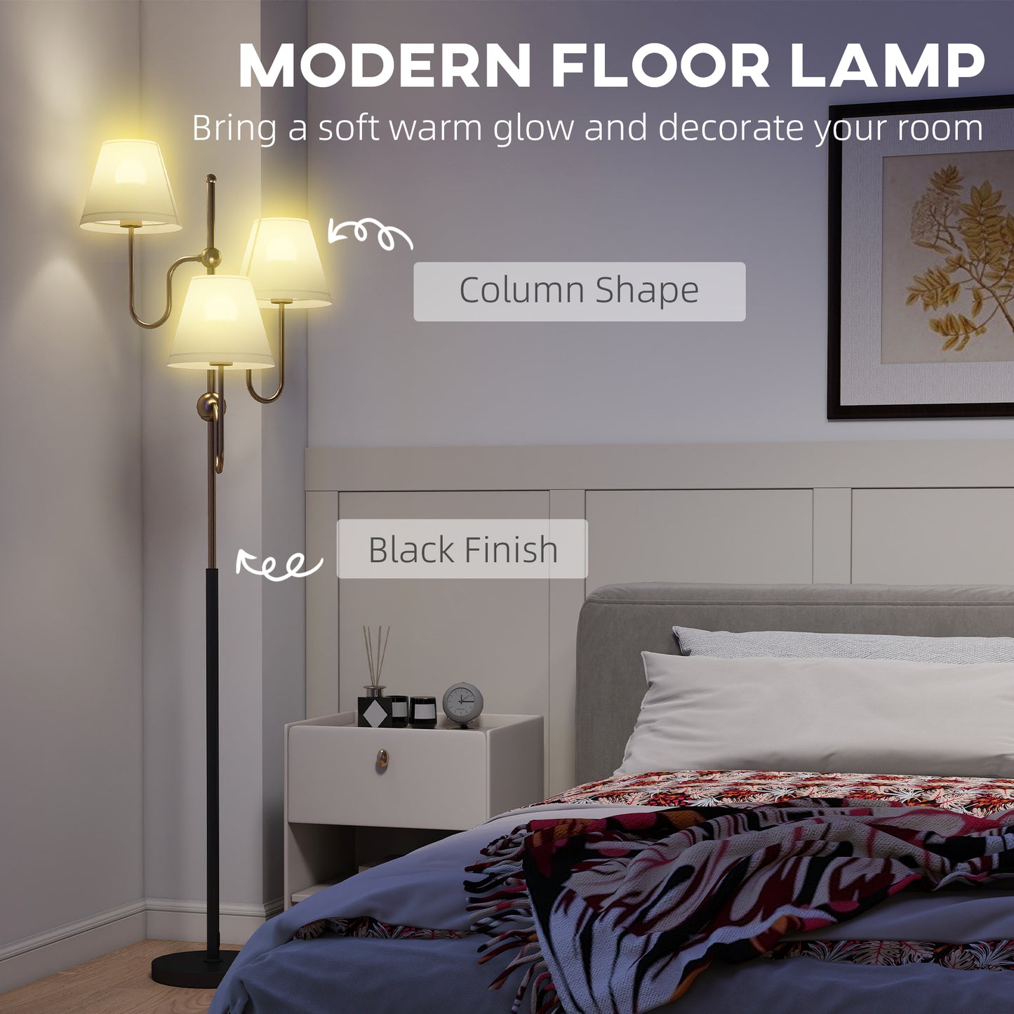 HOMCOM Floor Lamp 165 cm Standing Lamp With 3 Lights and Foot Switch For Living Room Bedroom Office E27 Base 40W Max