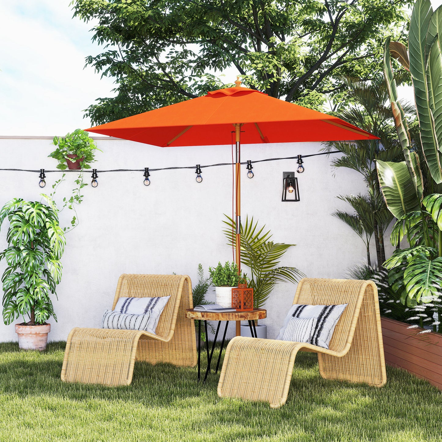 Outsunny 2m Tilting Wooden Pole Parasol Orange Canopy 180G Polyester Outdoor Sunshade For Patio Garden