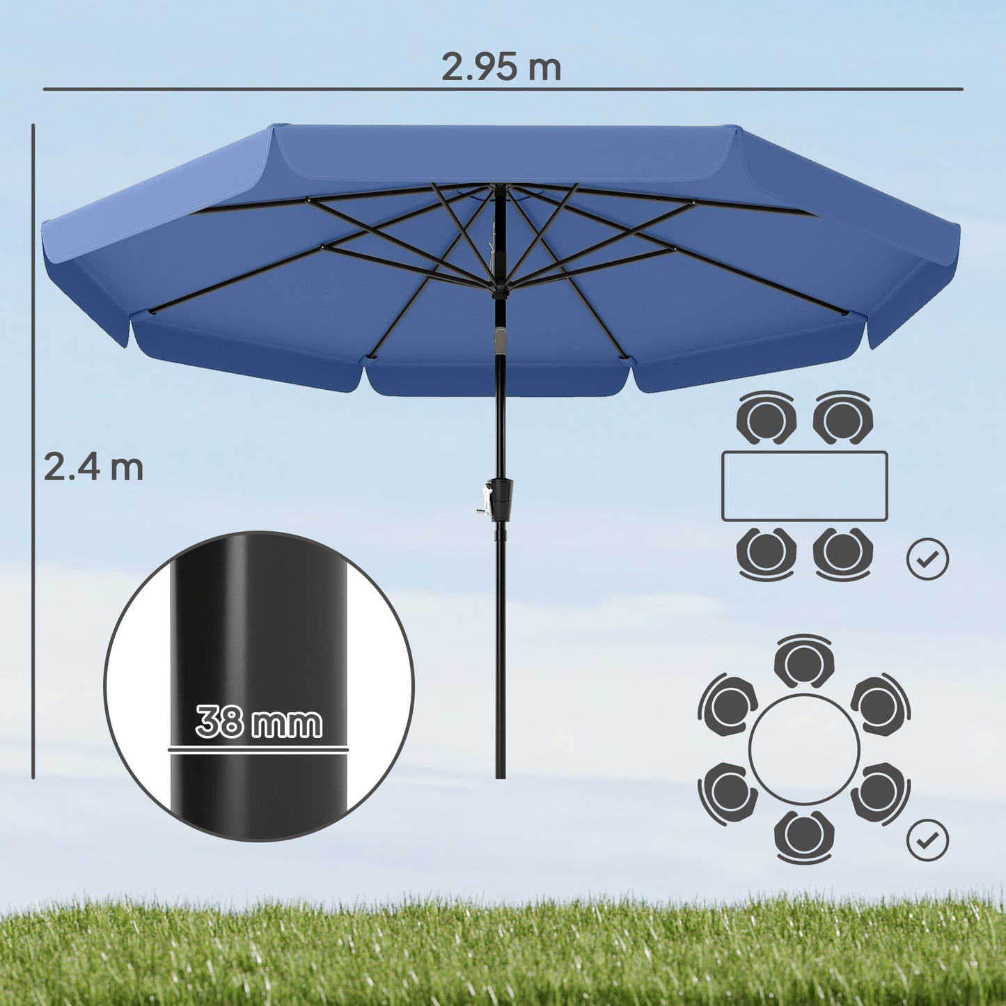 Outsunny 3 Meter Garden Parasol With Tilt Mechanism And Crank Handle UPF 30 Patio Umbrella For Outdoor Tables Dark Blue