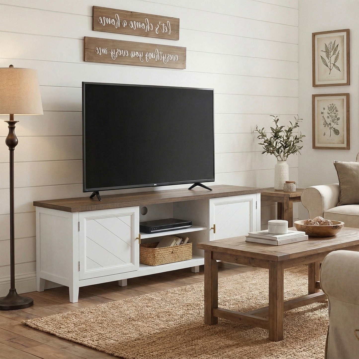 HOMCOM TV Stand For 42 Inch TVs Farmhouse Entertainment Centre With Two Cabinets And Open Shelves Thick Top