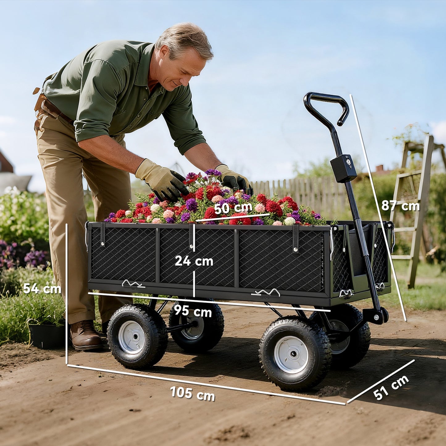 Outsunny 114L Steel Frame Garden Cart Trolley With Removable Waterproof Bag Black