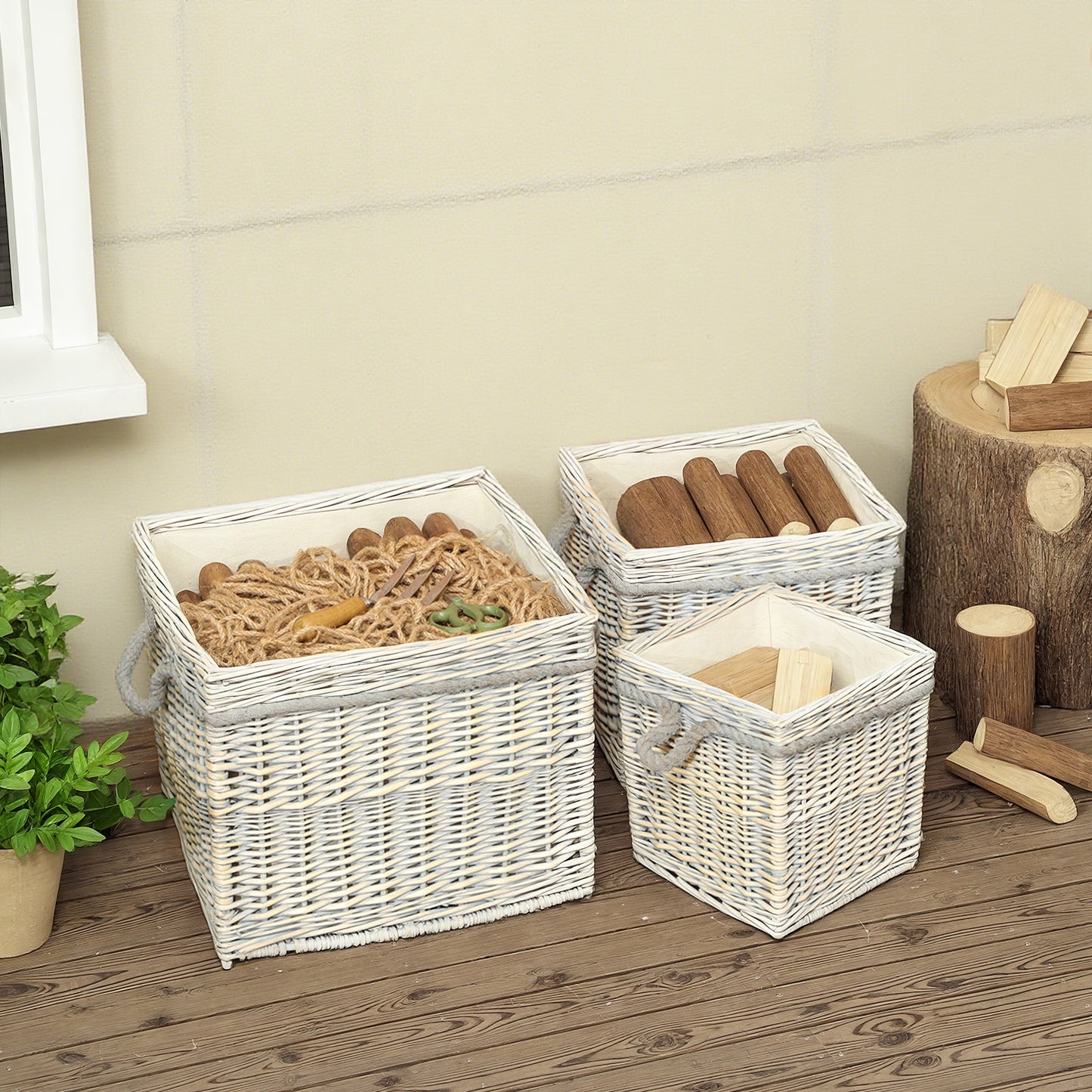 Outsunny Set Of 3 Log Baskets For Wood Burner Indoor With Lining And Rope Handles Wicker Fireside Storage Beige