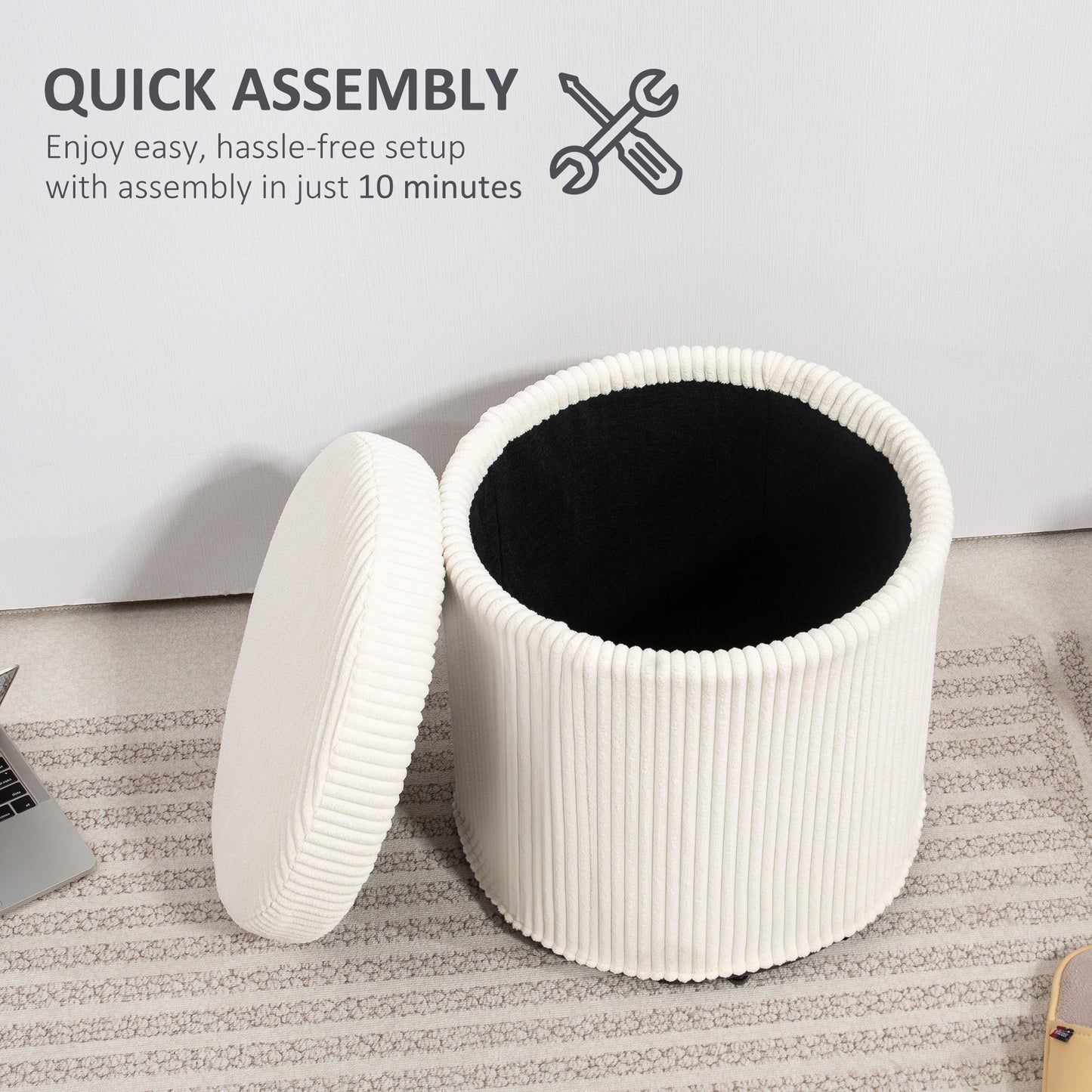 HOMCOM 40cm Round Storage Ottoman With Removable Lid And Legs In Corduroy Beige Vanity Stool And Storage Seat