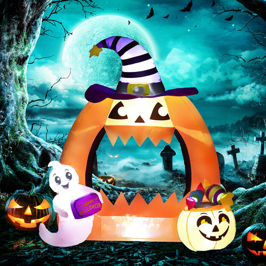 HOMCOM Inflatable 4.9FT Halloween Pumpkin Arch with Adorable Ghost and LED Lights for Outdoor Decoration - ALL4U RETAILER LTD