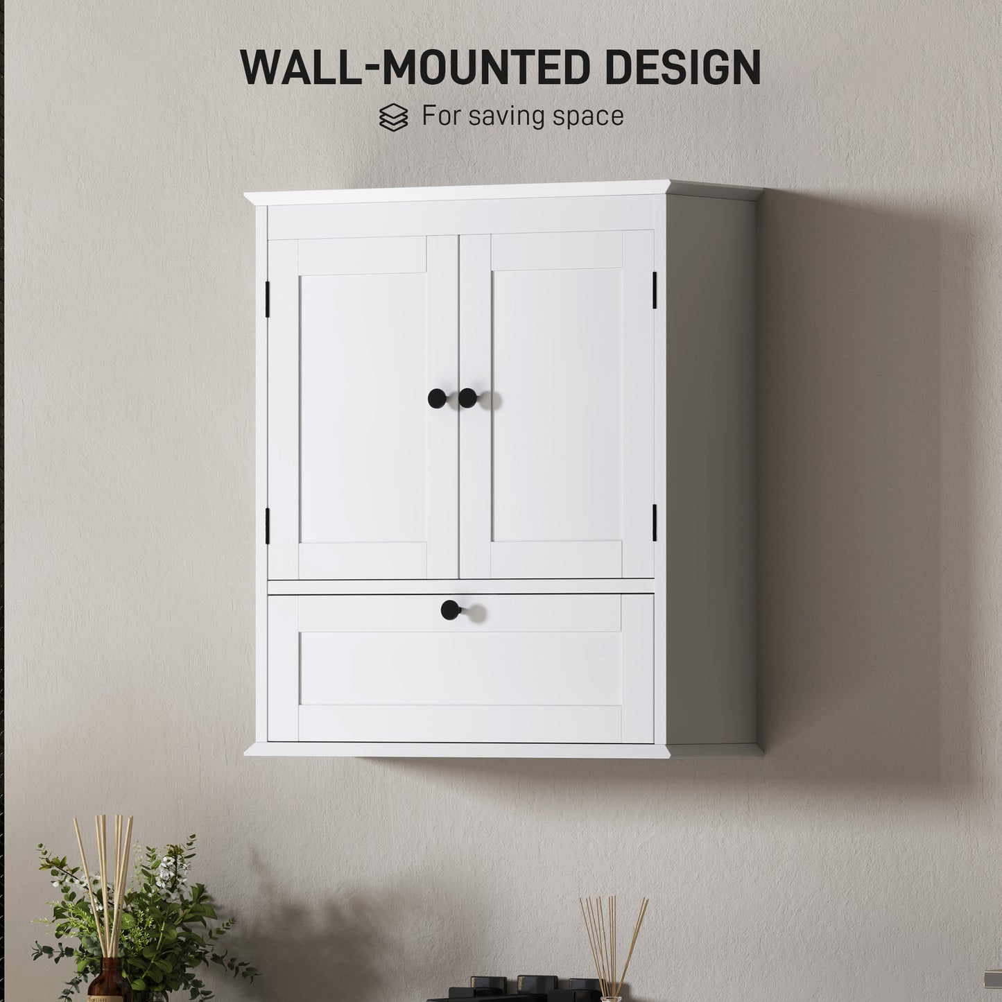 HOMCOM White Wall Mounted Bathroom Cabinet With Adjustable Shelf And Recessed Doors Three Compartments