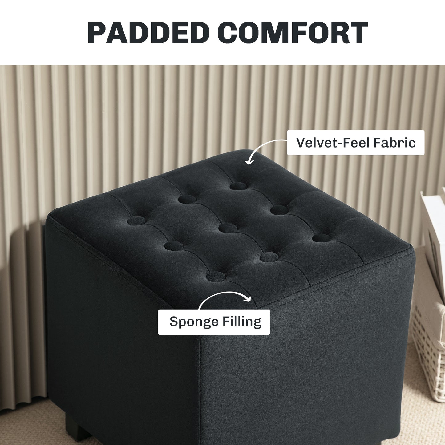 HOMCOM Velvet Feel Square Ottoman Grey Footstool Pouffe 35cm Square Compact Soft Velvet Finish