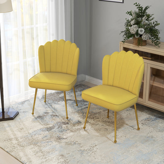 Set Of 2 Velvet-Feel Shell Accent Chairs In Yellow With Gold-Tone Legs For Living Room Decor