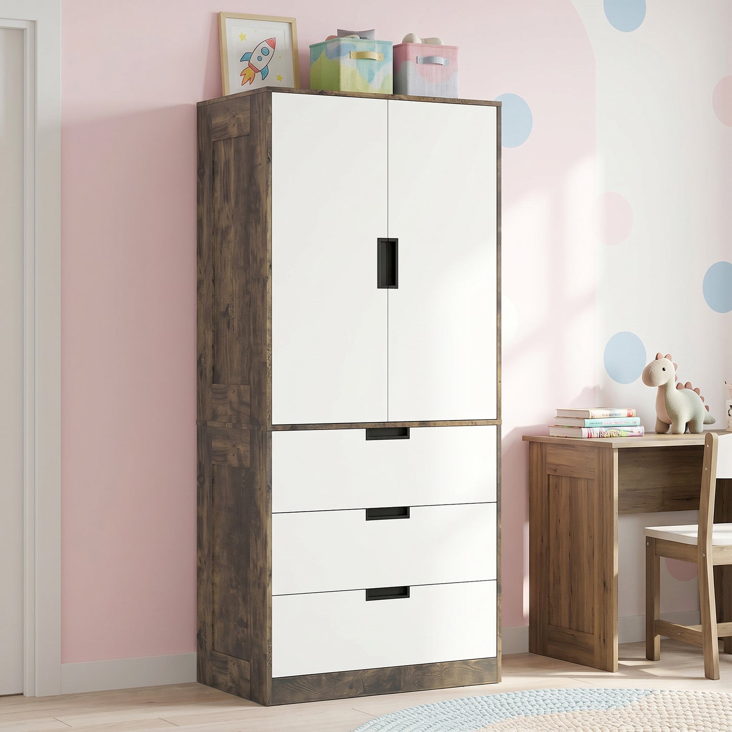 HOMCOM Modern Clothes Storage Cupboard With Hanging Rod 2 Doors 3 Drawers Rustic Brown And White Wardrobe