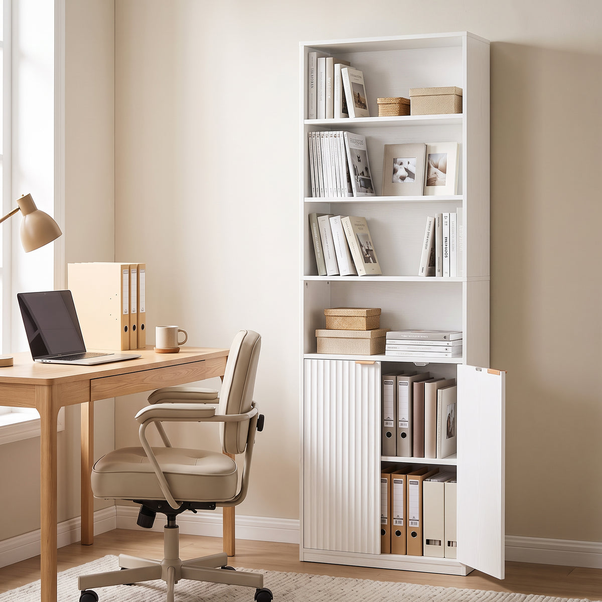 White tall bookcase with open shelves and double-door cabinet, partially open.