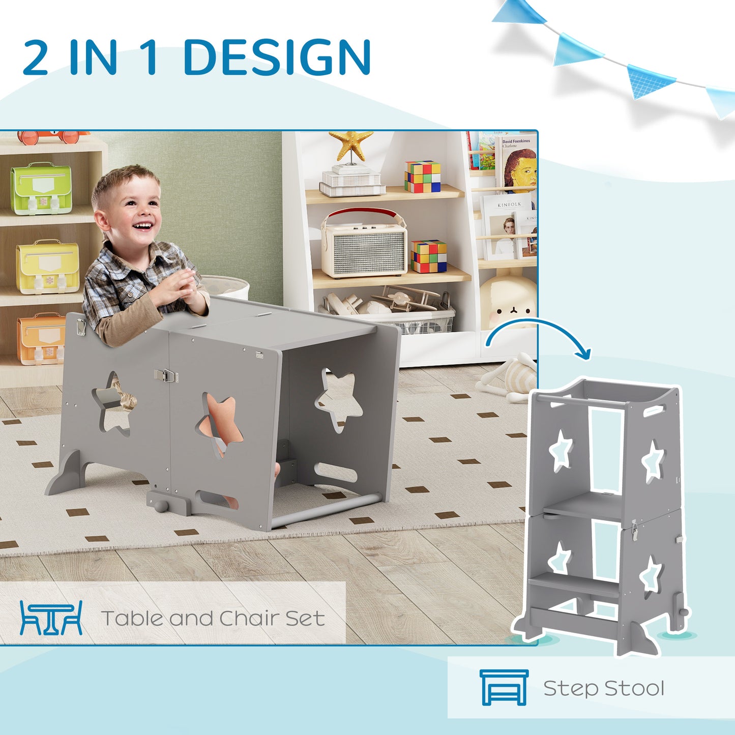 AIYAPLAY 2-In-1 Toddler Step Stool With Safety Rail For Kitchen And Bathroom Grey