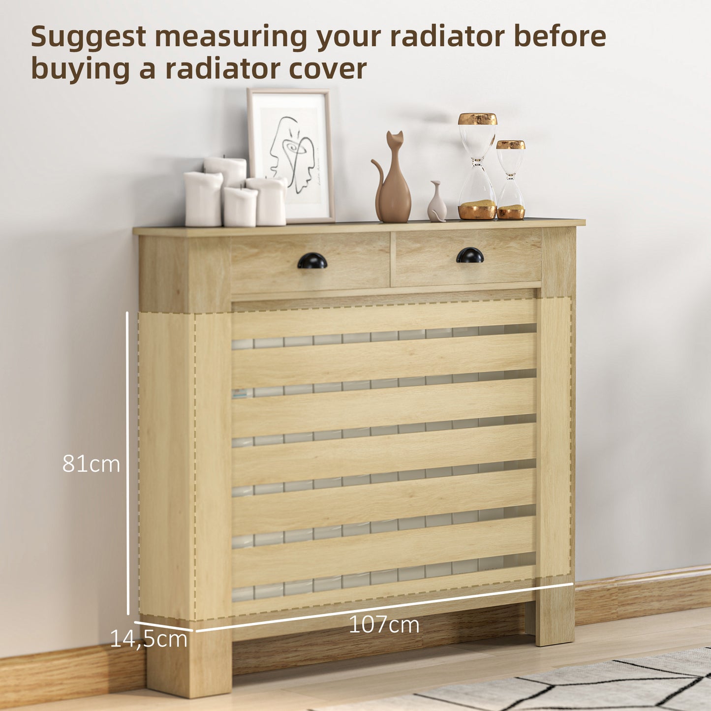 HOMCOM Oak Radiator Cover With Drawer 95.5H X 111W cm Slatted MDF And Particle Board
