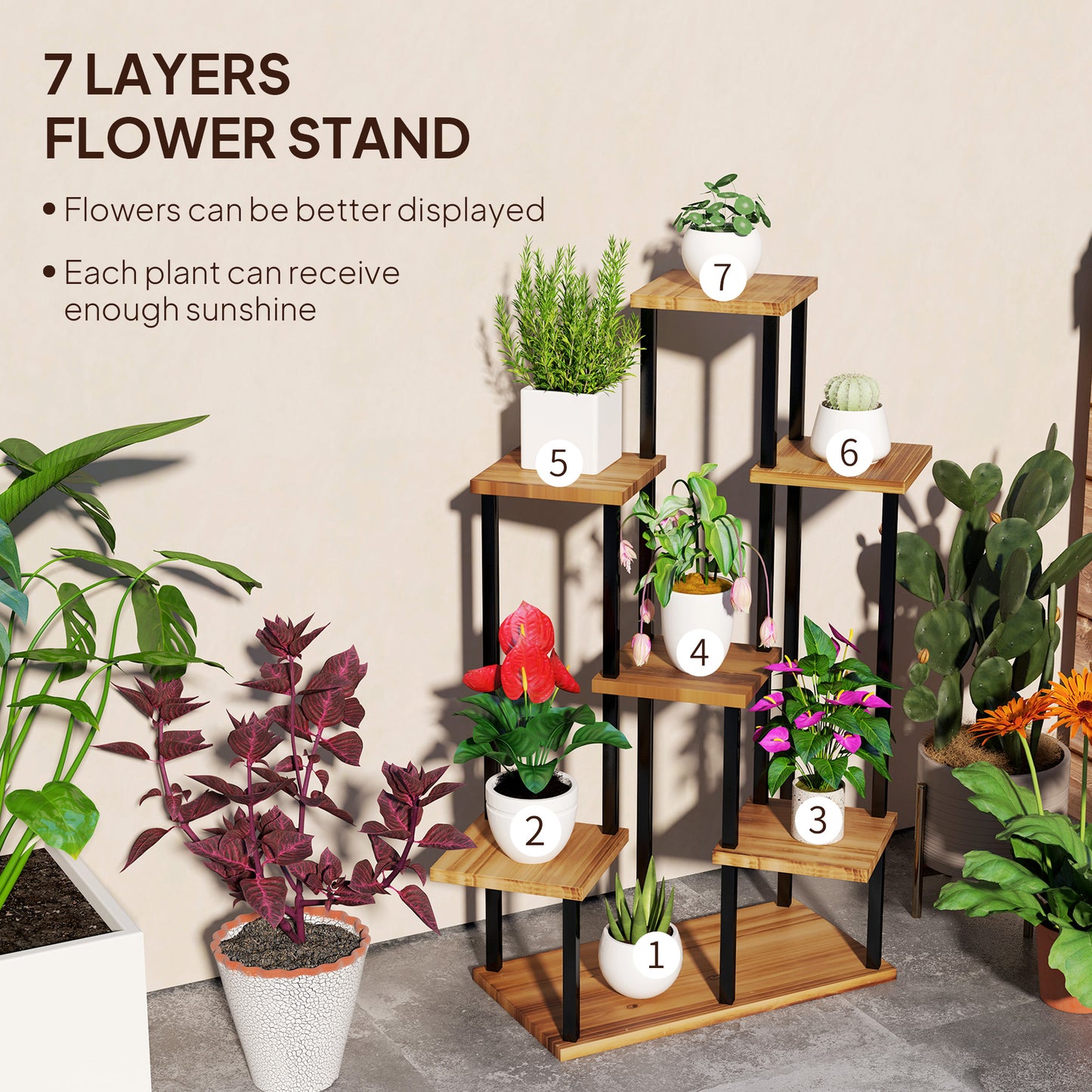 Outsunny Seven Shelf Wooden Plant Stand For Corner Decor With Staggered Shelves Holds Seven Plants