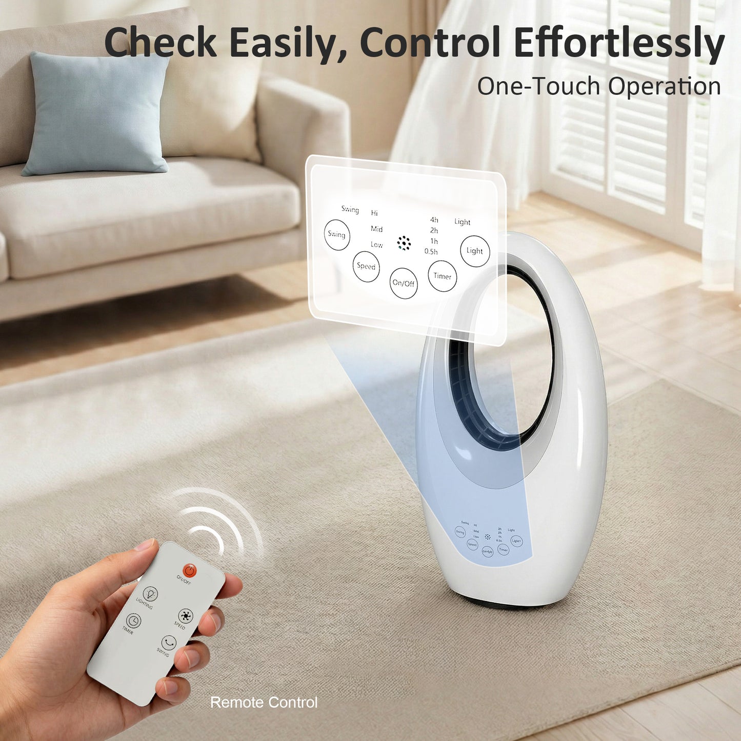 HOMCOM Bladeless Tower Fan Quiet 36dB With 60 Degree Oscillation LED Lights 3 Speeds 7.5H Timer Remote Control