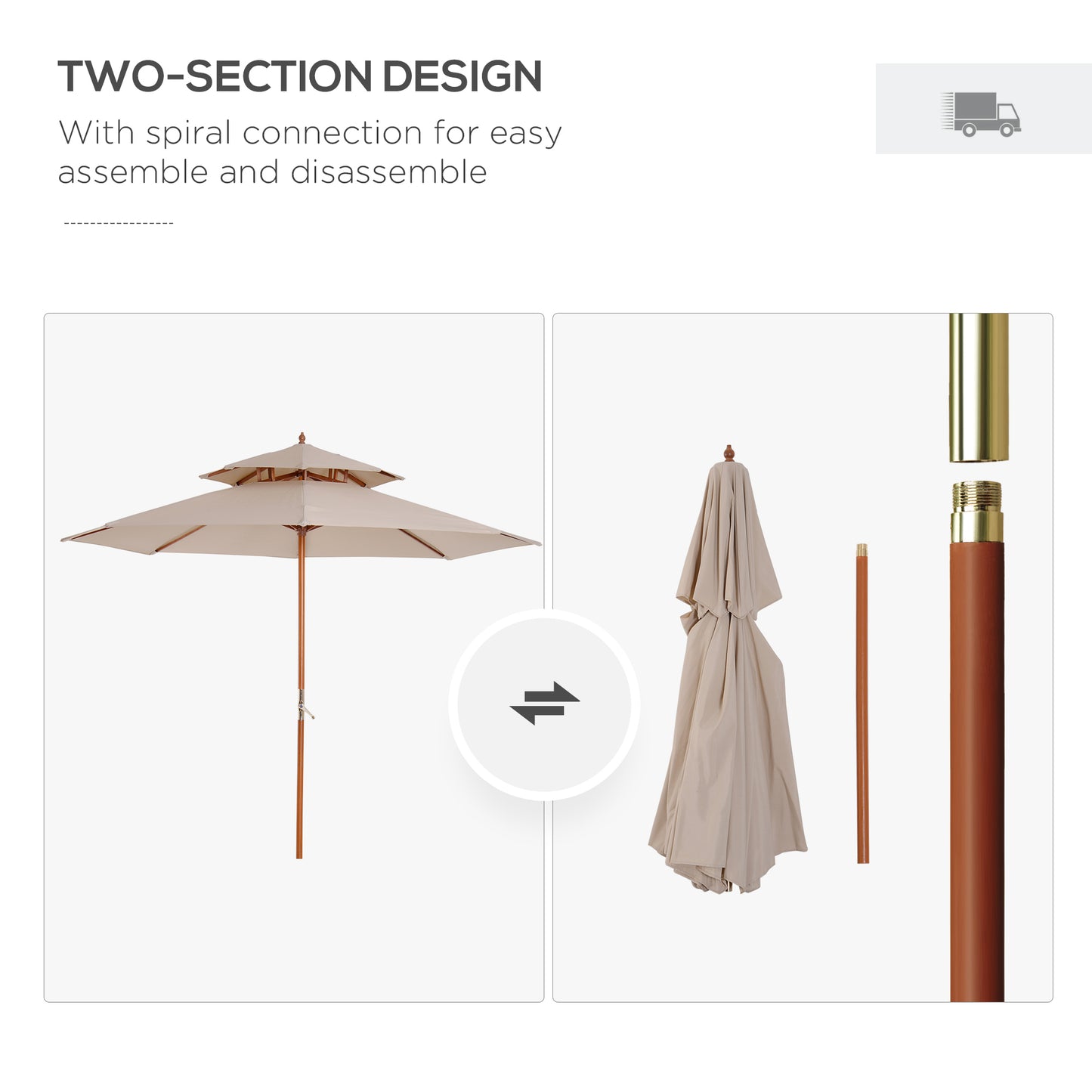 Outsunny 2.7m Wooden Parasol With Two Tier Canopy For Garden Outdoor Shade Beige