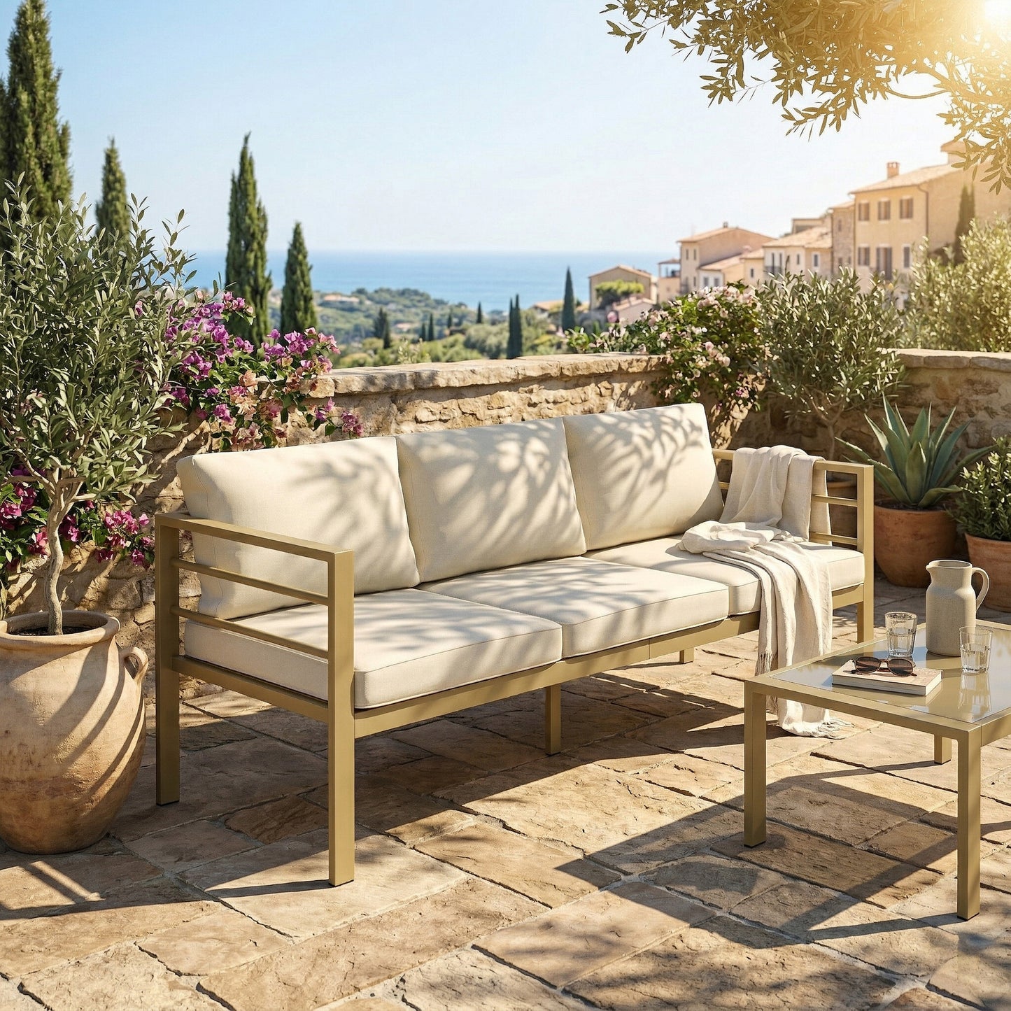 Outsunny Garden Bench With Cushions 3 Seater Sofa With Backrest And Armrests Cream White 185 X 66 X 64 Cm
