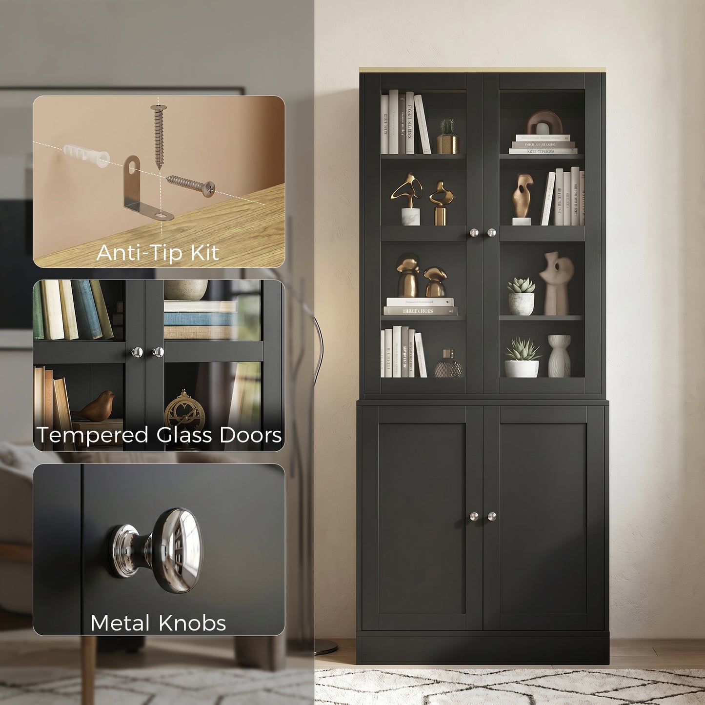 HOMCOM Modern Glass Doors Bookcase With Adjustable Shelves And Display Storage Cabinet Black