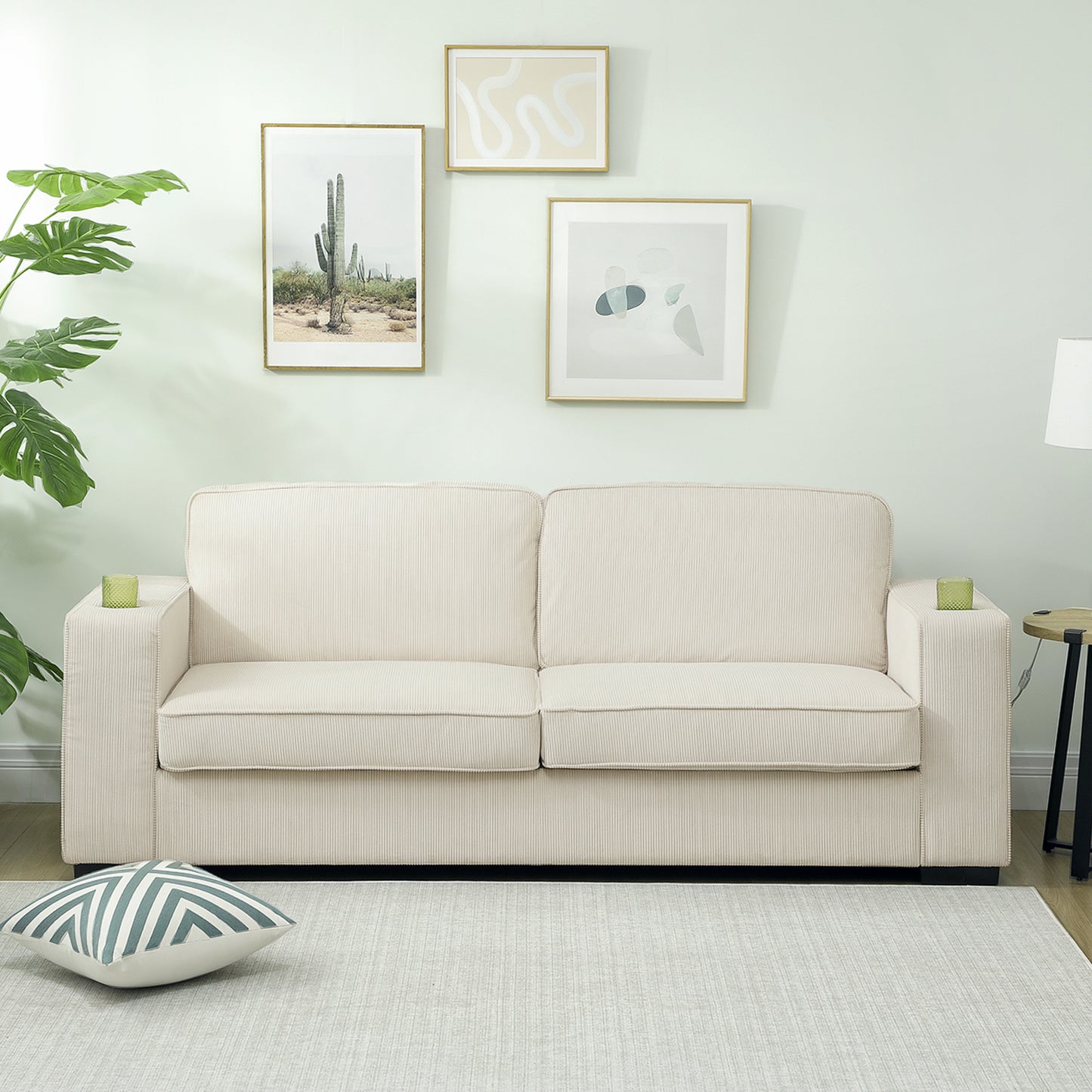 HOMCOM Three Seater Corduroy Sofa Cream White With High Density Foam Cushions And Spring Pack For Everyday Comfort