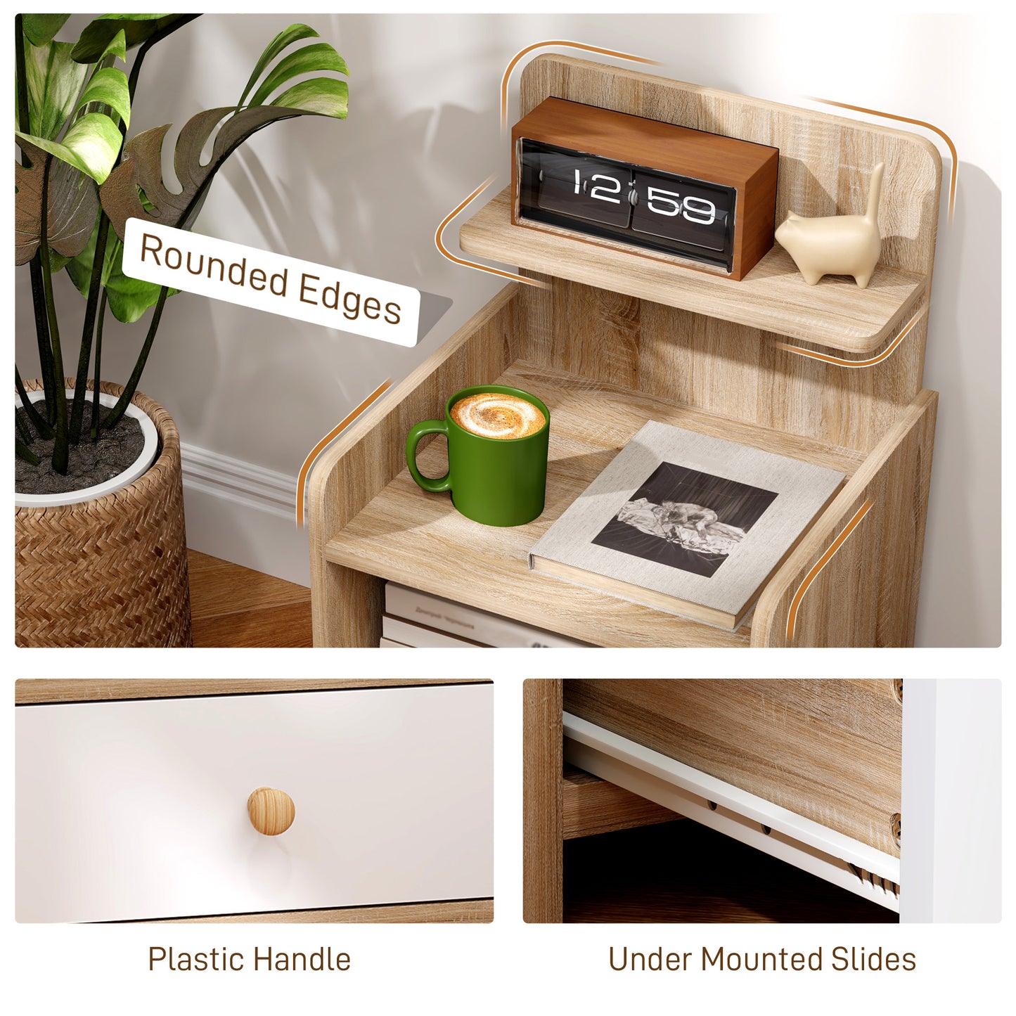 HOMCOM Multi Storage Bedside Table White Wood Effect With Drawer And Three Shelves