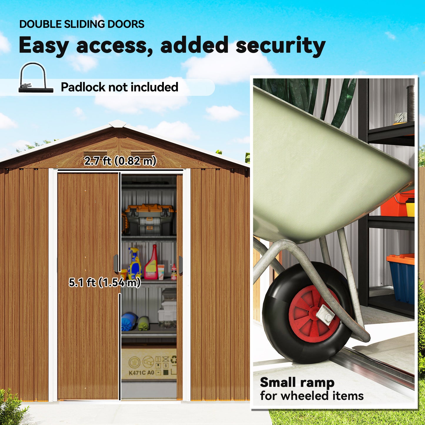 Outsunny Metal Garden Storage Shed Brown Wood Effect 6.5 x 3.5 Feet With Double Sliding Doors