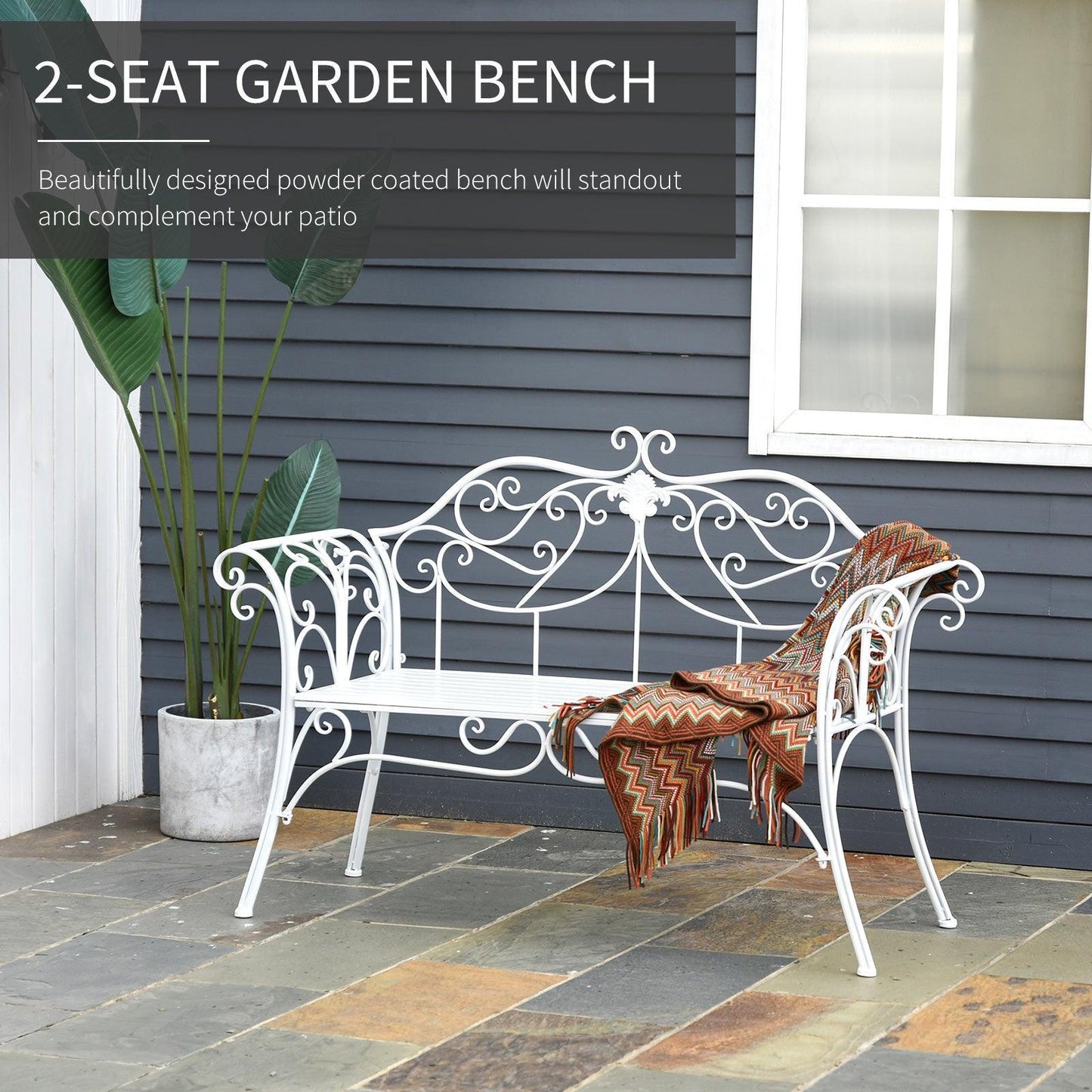 Outsunny Outdoor Metal Garden Bench, White Loveseat - ALL4U RETAILER LTD