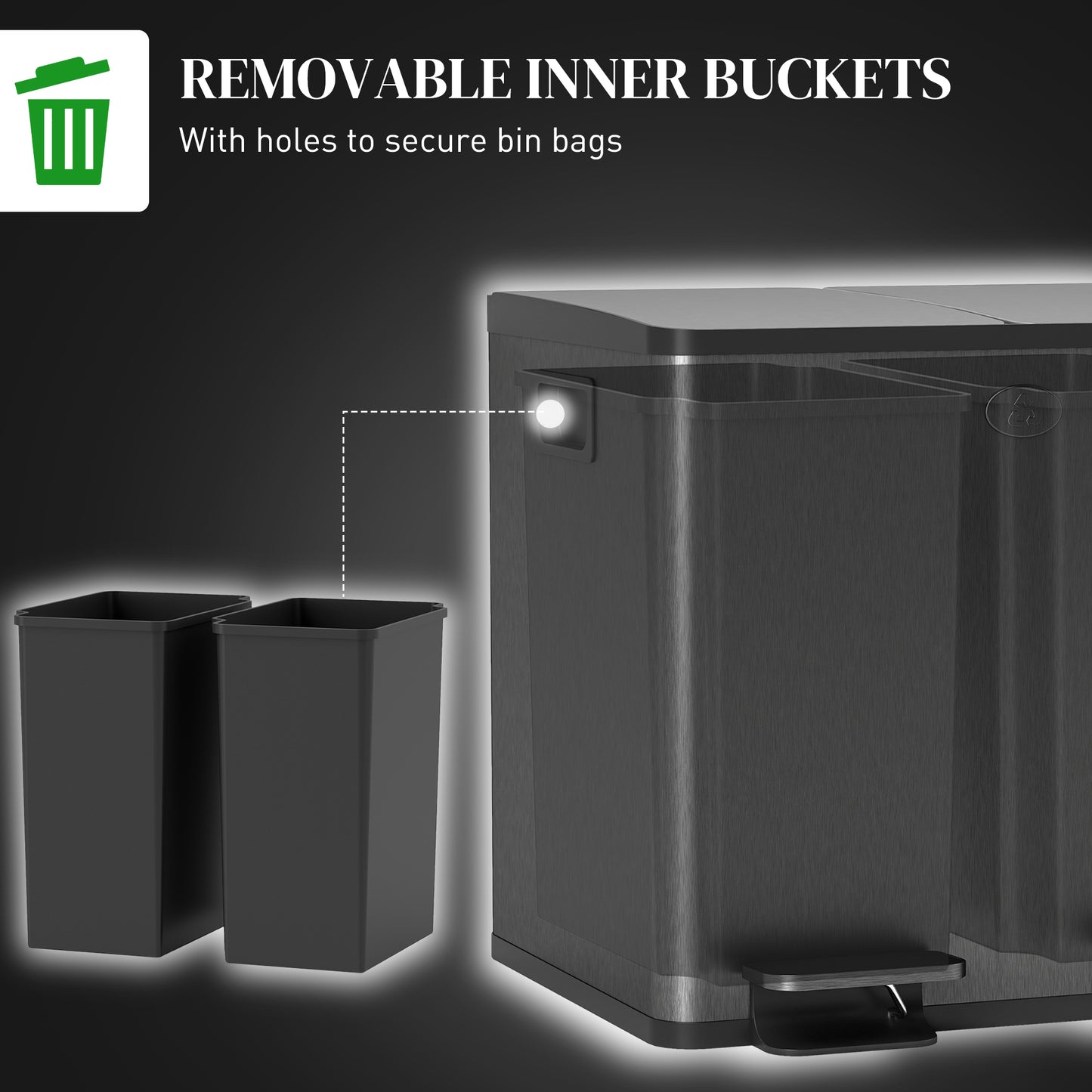 HOMCOM 30L Dual Compartment Stainless Steel Bin With Deodoriser Holders Black For Home And Kitchen