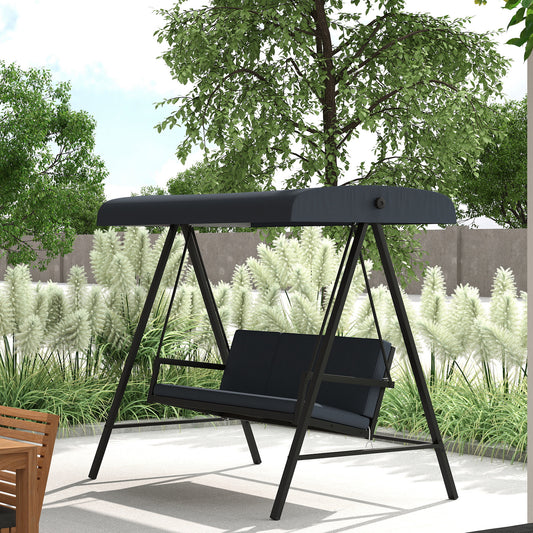 Outsunny Three Seat Garden Swing Chair with Adjustable Canopy Dark Gray Outdoor Patio Cushioned Bench for Three People