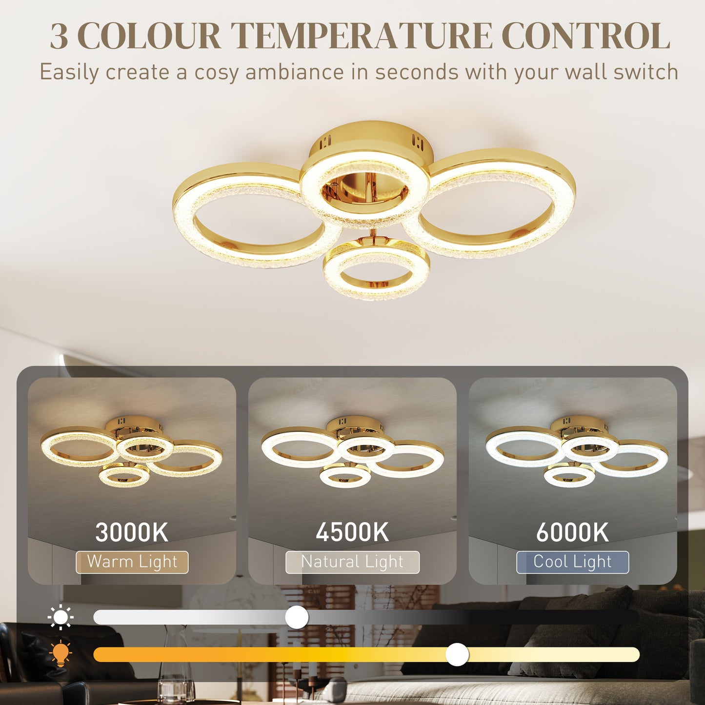 HOMCOM LED Ceiling Light 4 Ring Modern Flush Mount With Wall Switch Control 40W 4350lm 3500K 4500K 6000K Gold Tone