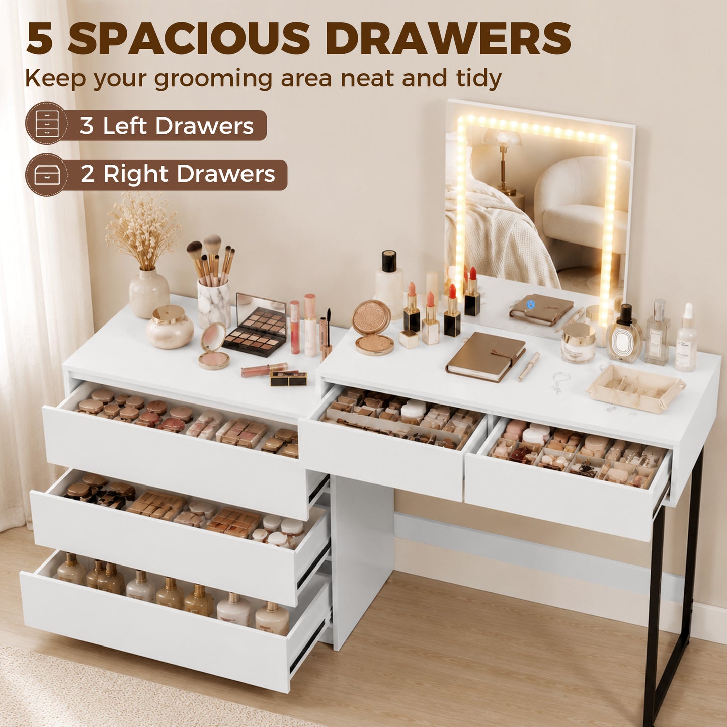 HOMCOM White Vanity Makeup Desk With Three Colour LED Mirror And Five Drawers