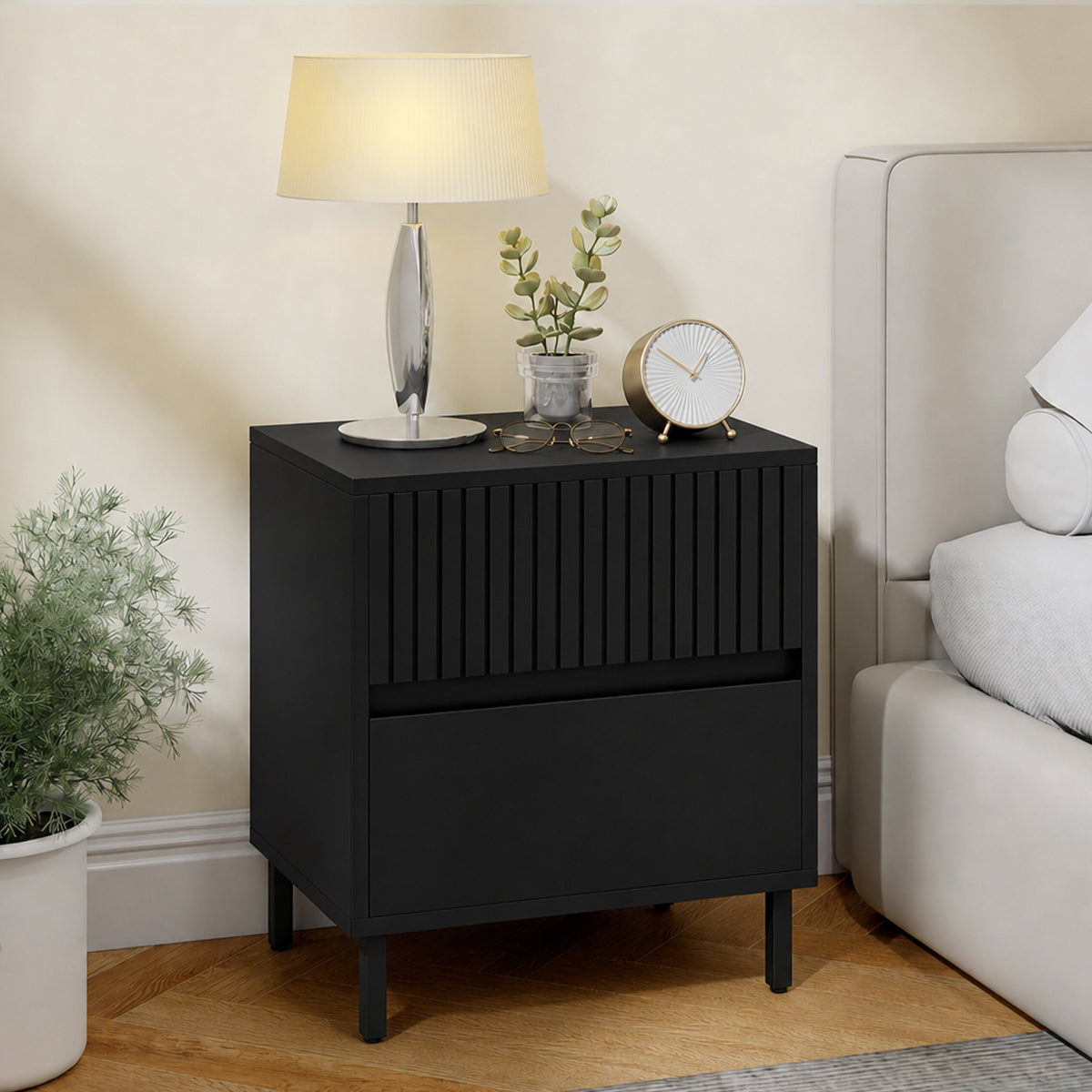 Homcom Black Nightstand With Two Drawers And Steel Legs For Bedroom