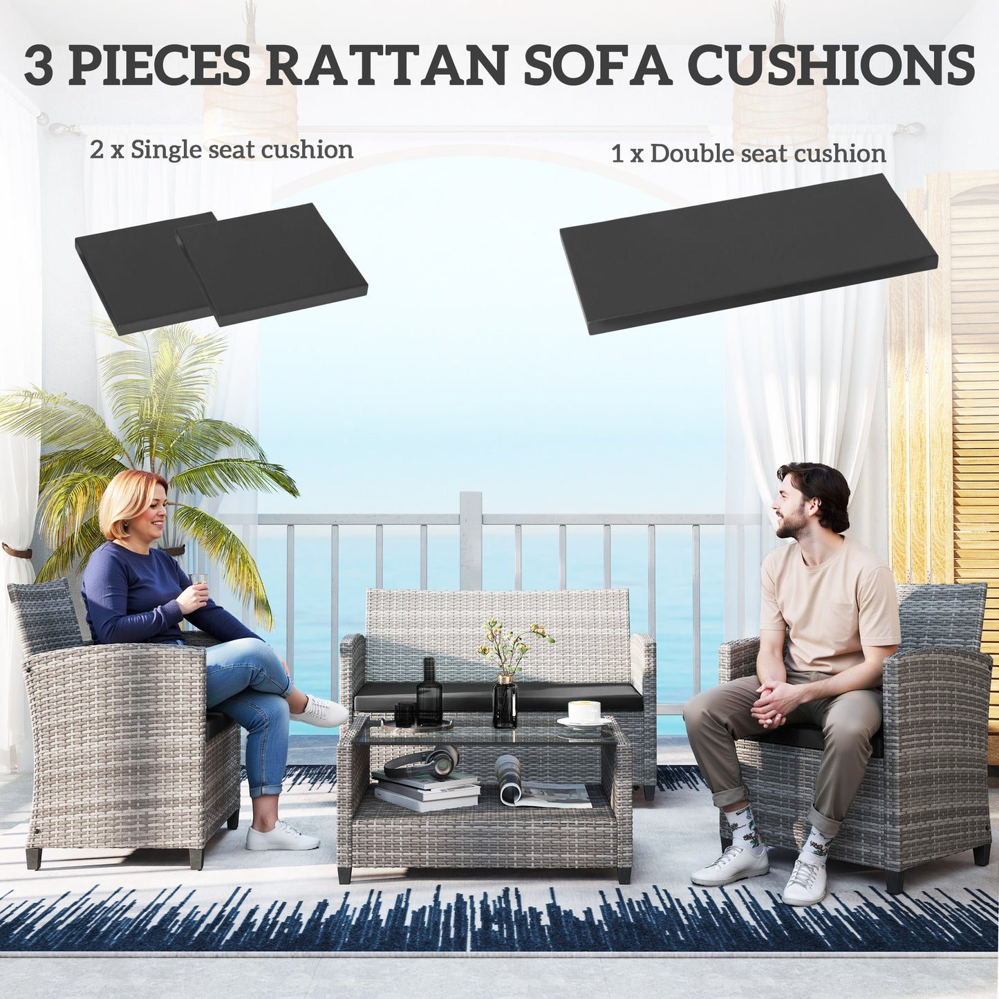 Outsunny Outdoor Seat Cushions For Rattan Furniture Black 3 Piece Set With Two Single Cushions And One Double Cushion