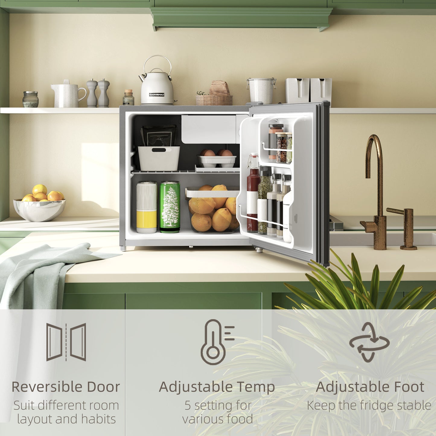 HOMCOM 46 Litre Lockable Countertop Fridge Grey 46L Compact Kitchen Mini Fridge With Lock and Keys