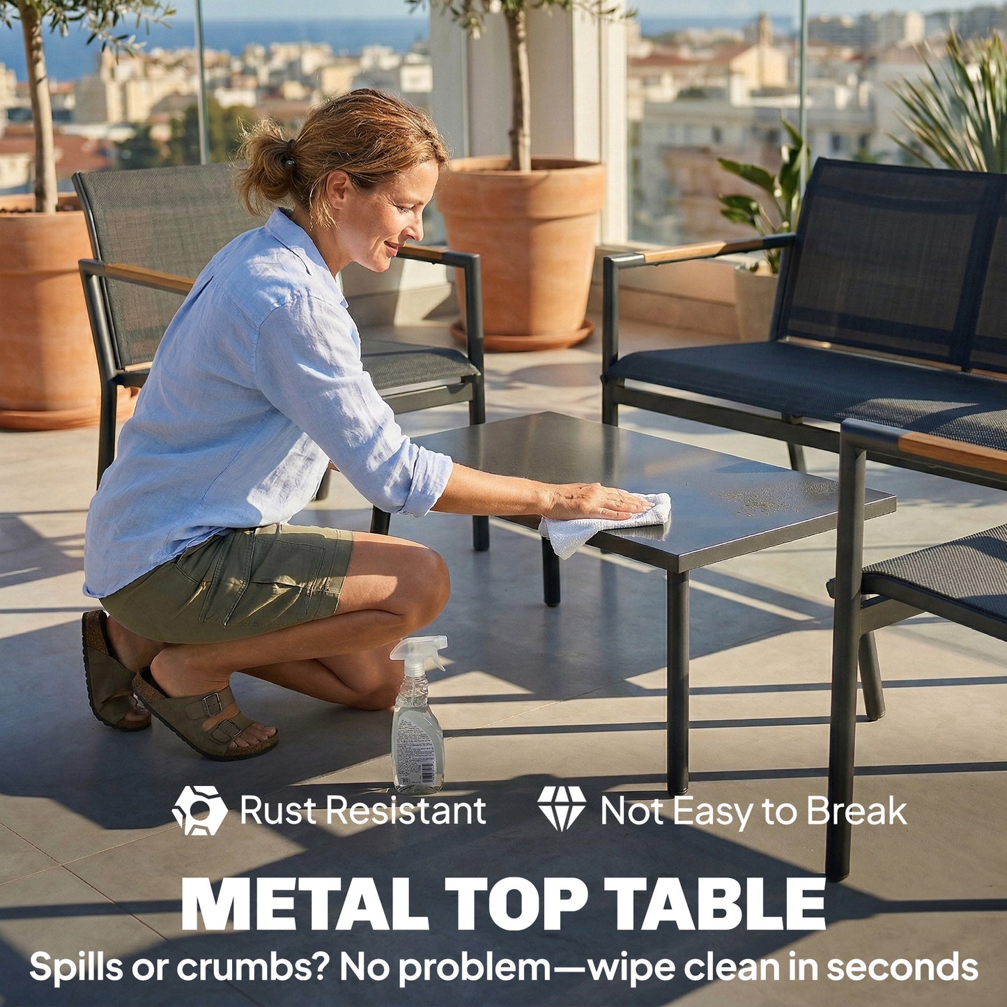 Outsunny 4 Seater Outdoor Garden Furniture Set With Loveseat Armchairs Table Metal Frame Grey Breathable Seats