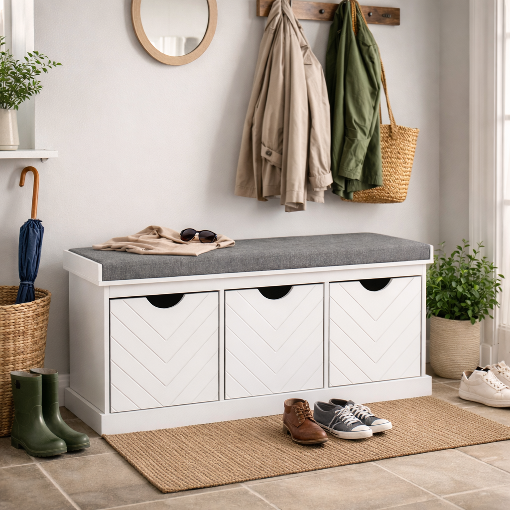 HOMCOM 3-Drawer Padded Shoe Bench With Breathable Washable Linen-Look Cover White