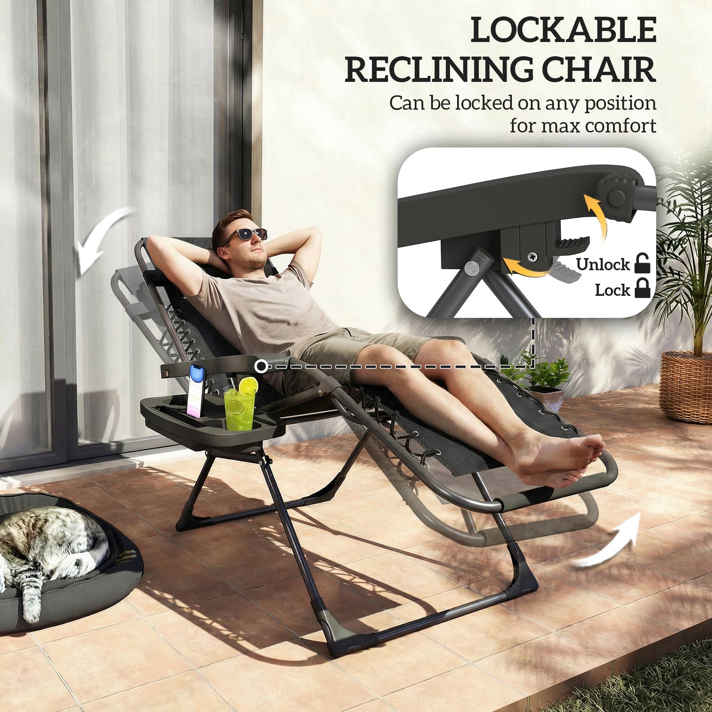 Outsunny Zero Gravity Chairs Set of 2 Folding Sunloungers Reclining Garden Chairs with Cup Holder and Headrest Black