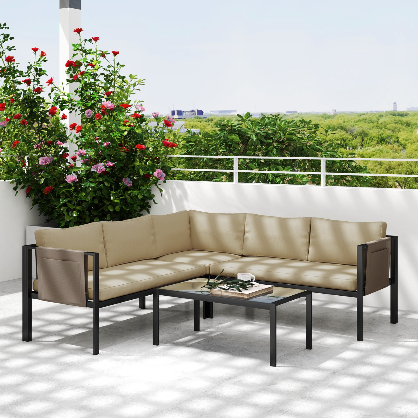 Outsunny 5 Seater Garden Corner Sofa Set 4 Pieces Outdoor Metal Furniture With Glass Top Table Cushions Khaki