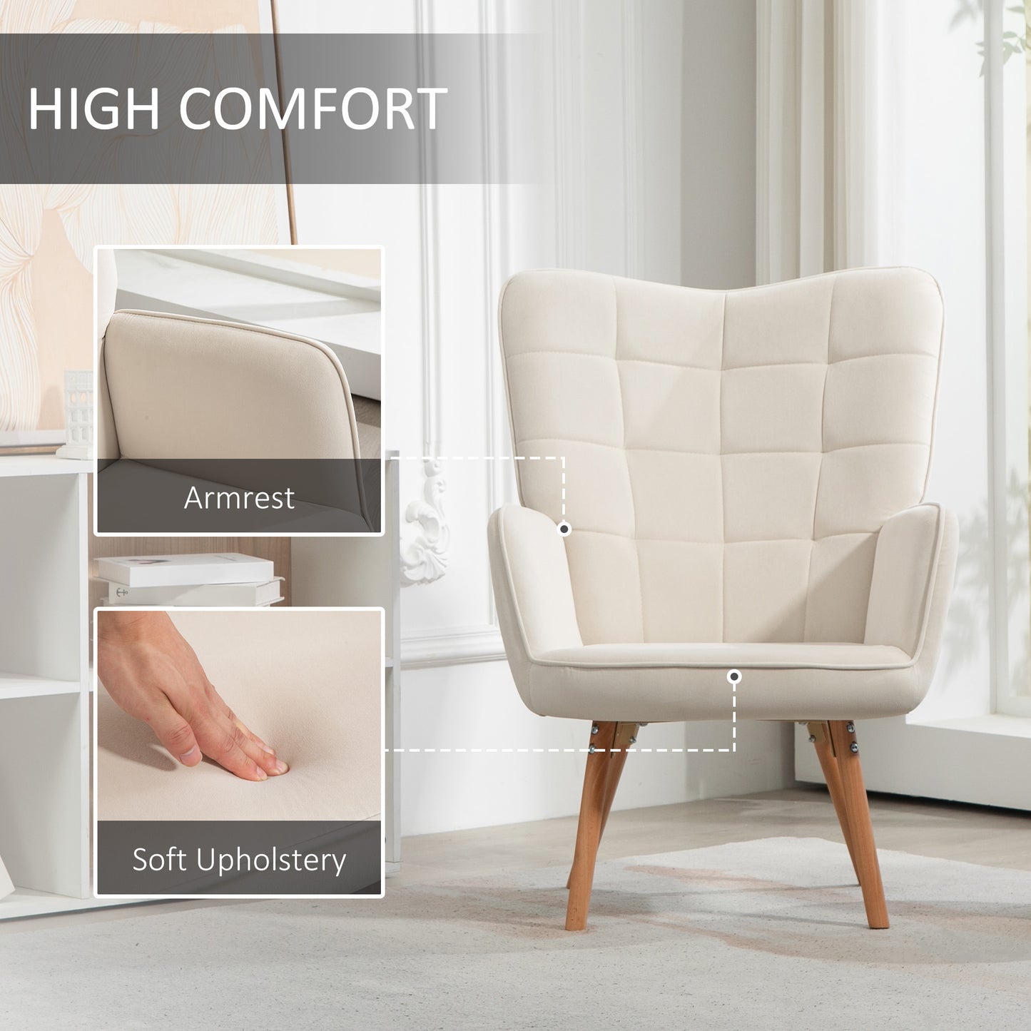 HOMCOM Modern Velvet Touch Wingback Armchairs Set of 2 Cream White Tufted Upholstered Club Chairs With Wood Legs