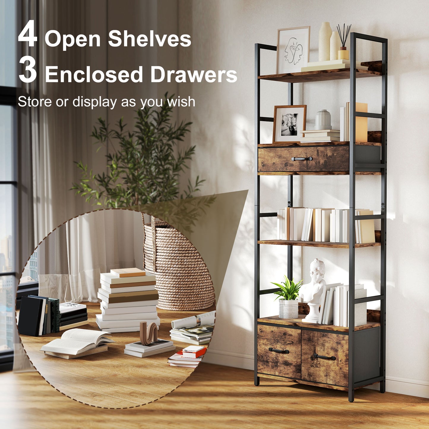 HOMCOM Industrial Style Bookcase With 4 Shelves And 3 Fabric Drawers Brown Black