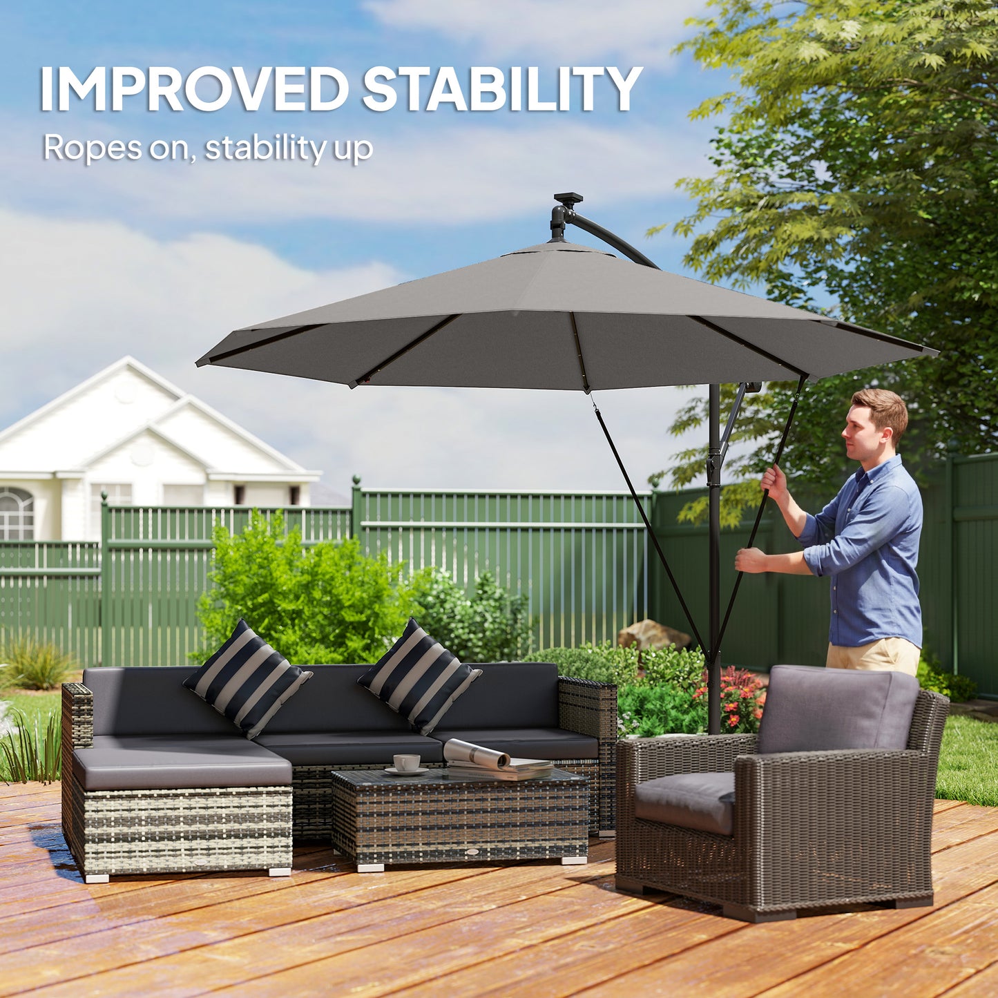 Outsunny 3m Cantilever Parasol With Solar LED Lights Garden Umbrella Cross Base Light Grey
