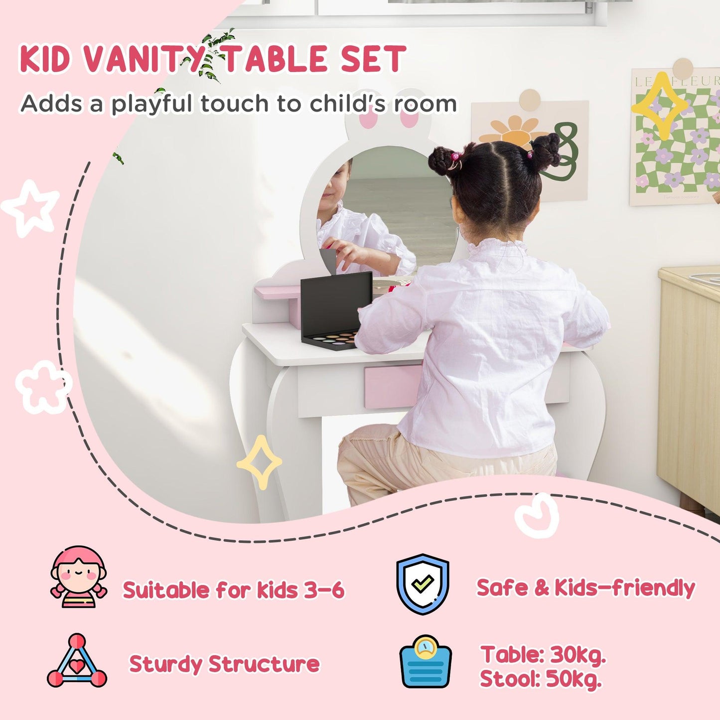 ZONEKIZ Bunny-Design Kids Dressing Table, with Mirror and Stool - White and Pink - ALL4U RETAILER LTD