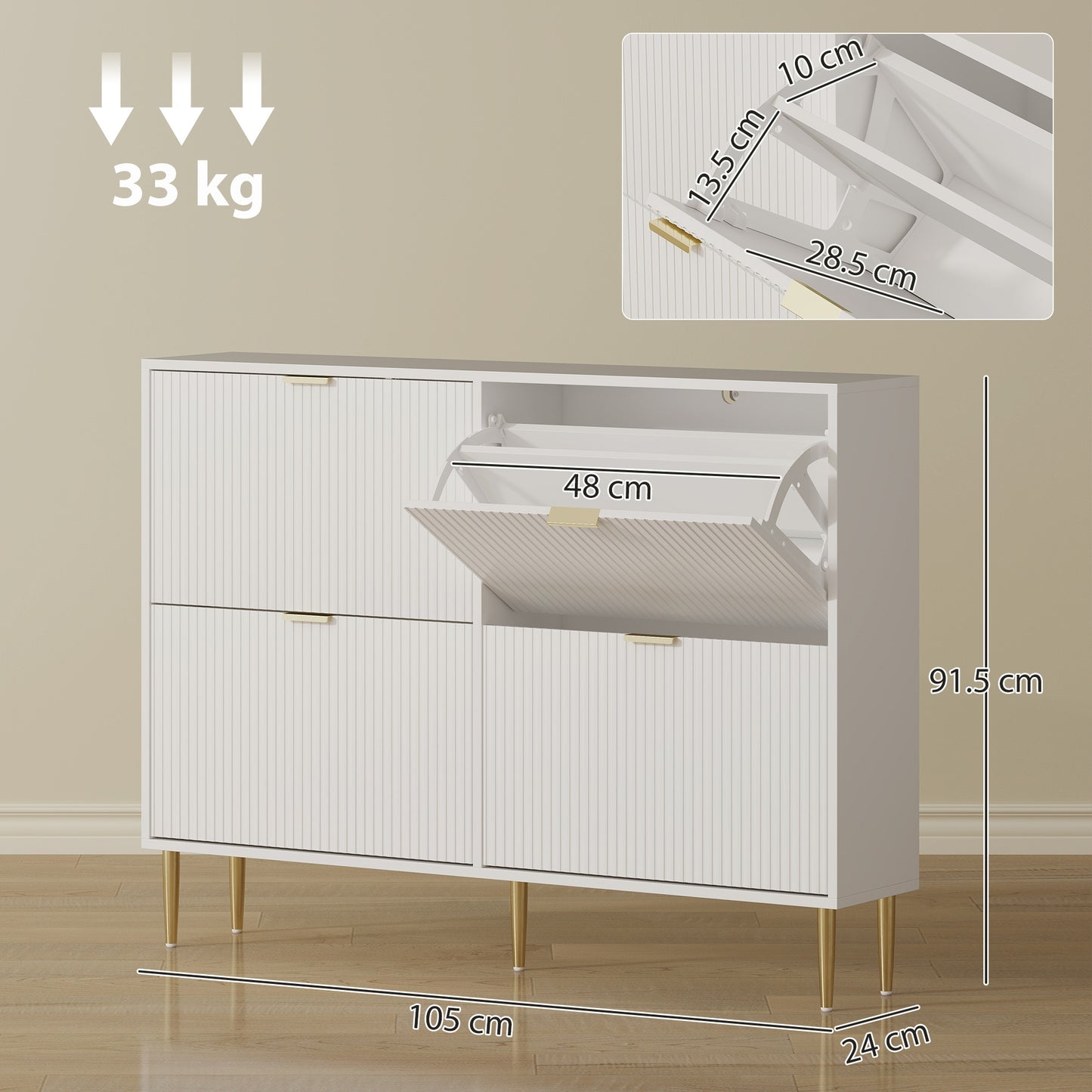 HOMCOM Elegant Four Drawer Shoe Cabinet In White With Ridged Front Doors Gold Accents And Adjustable Shelves