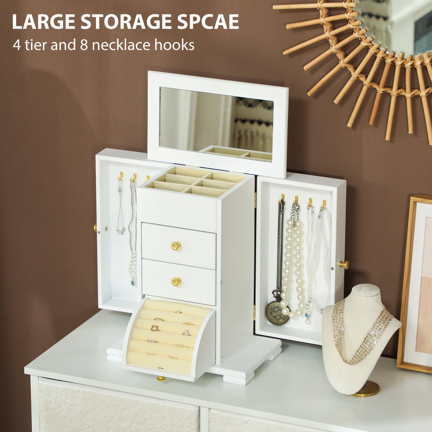 HOMCOM 4 Tier Jewellery Box With Mirror And 2 Drawers White For Ring Earrings Necklace Storage Organiser