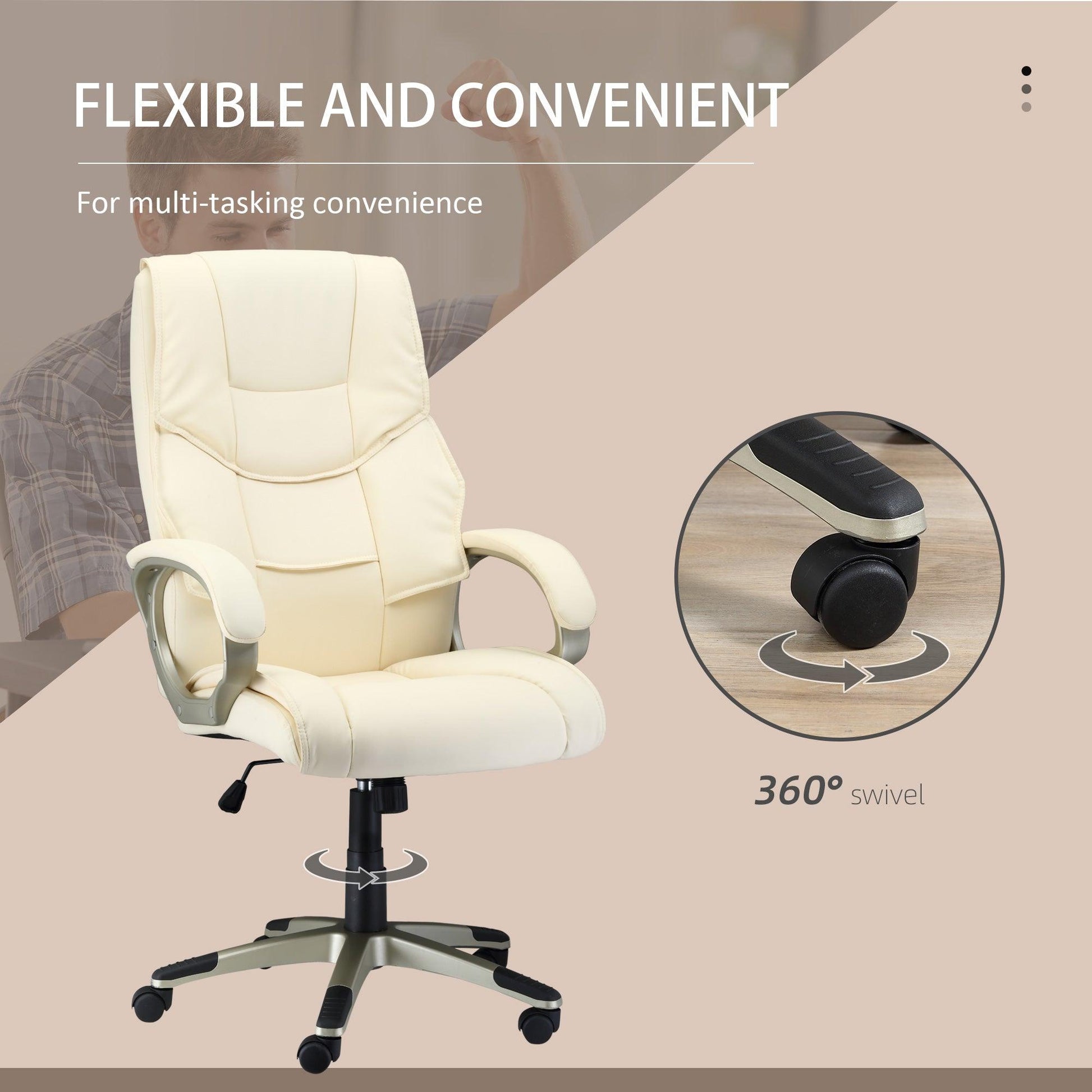 HOMCOM Home Office Chair High Back Computer Desk Chair with Faux Leather Adjustable Height Rocking Function Cream White - ALL4U RETAILER LTD