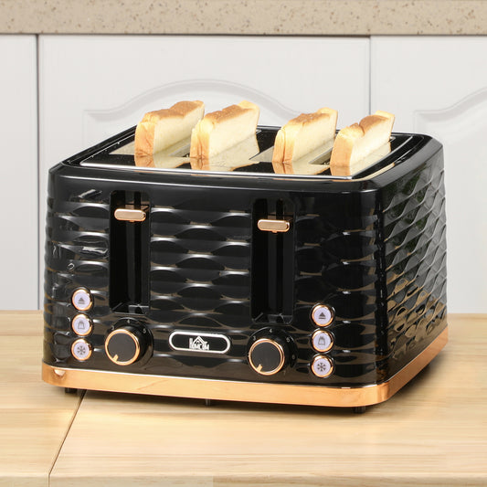 HOMCOM Four Slice Rippled Toaster Black With Seven Toasting Levels And Automatic Centering For Even Toasting