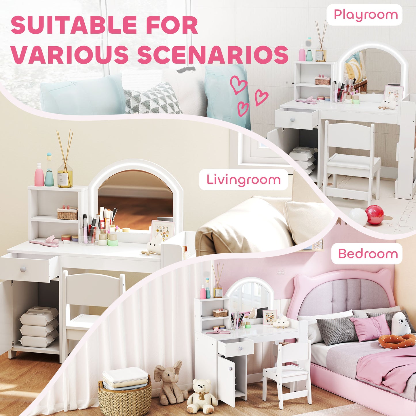 AIYAPLAY Girls Dressing Table And Chair Set With 2 Colour LED Mirror Stool Cabinet Drawers And Shelves White