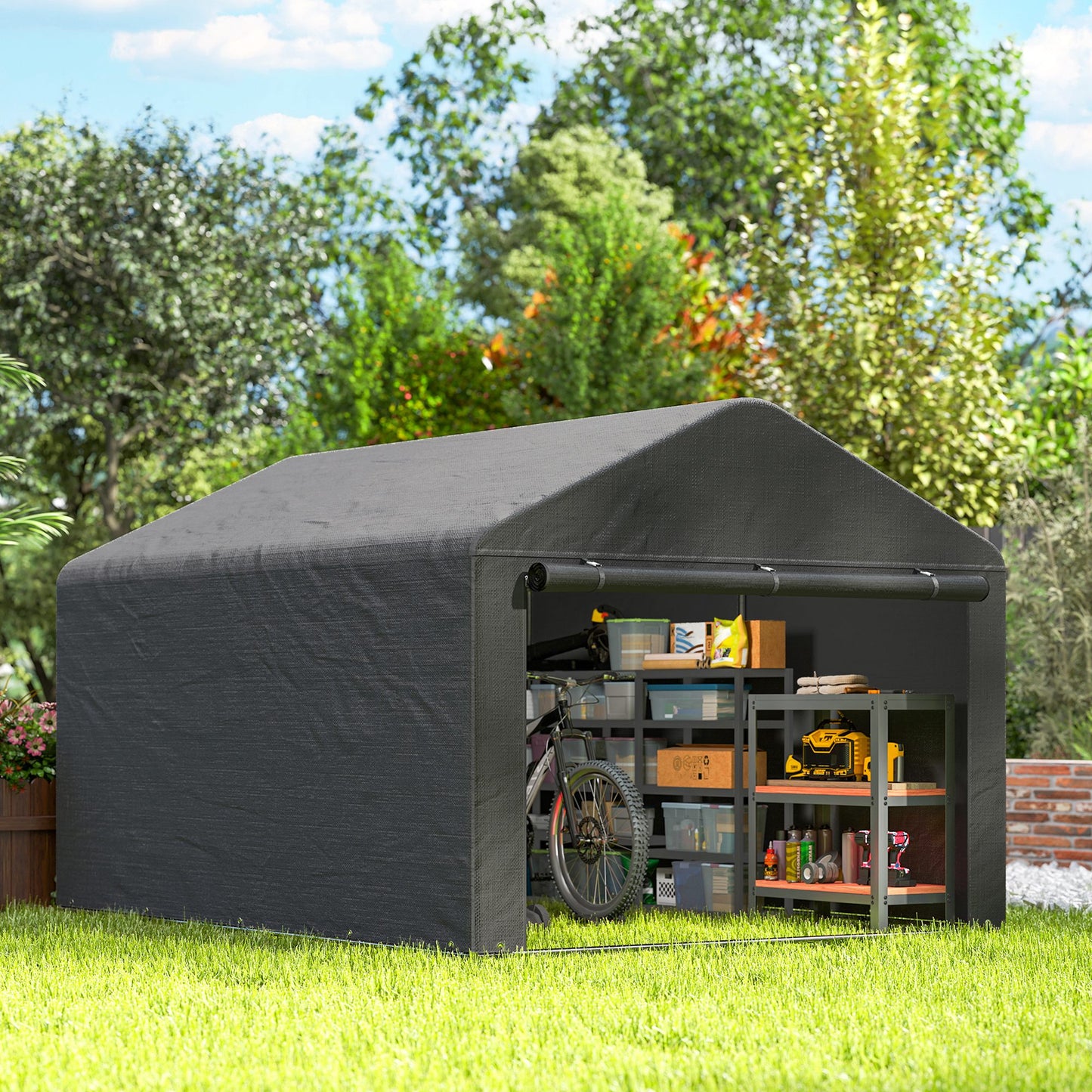 Outsunny Outdoor Garden Bike Storage Shed With Waterproof Roll Up Zipper Door And Galvanised Metal Frame Dark Grey