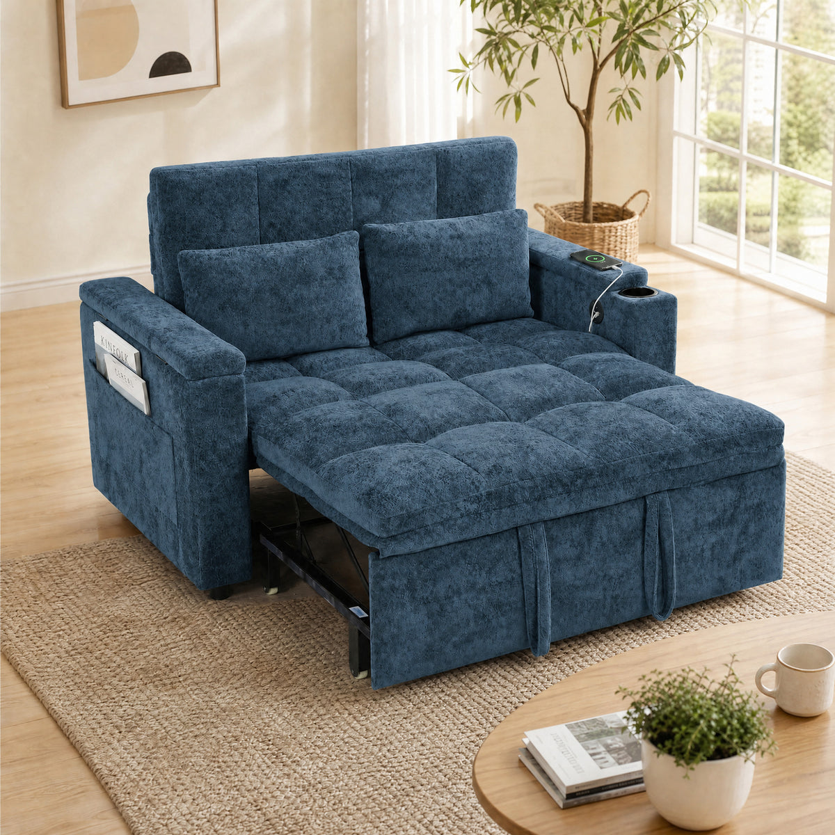 Dark blue sofa bed with tufted seat cushions and pull-out sleeping platform