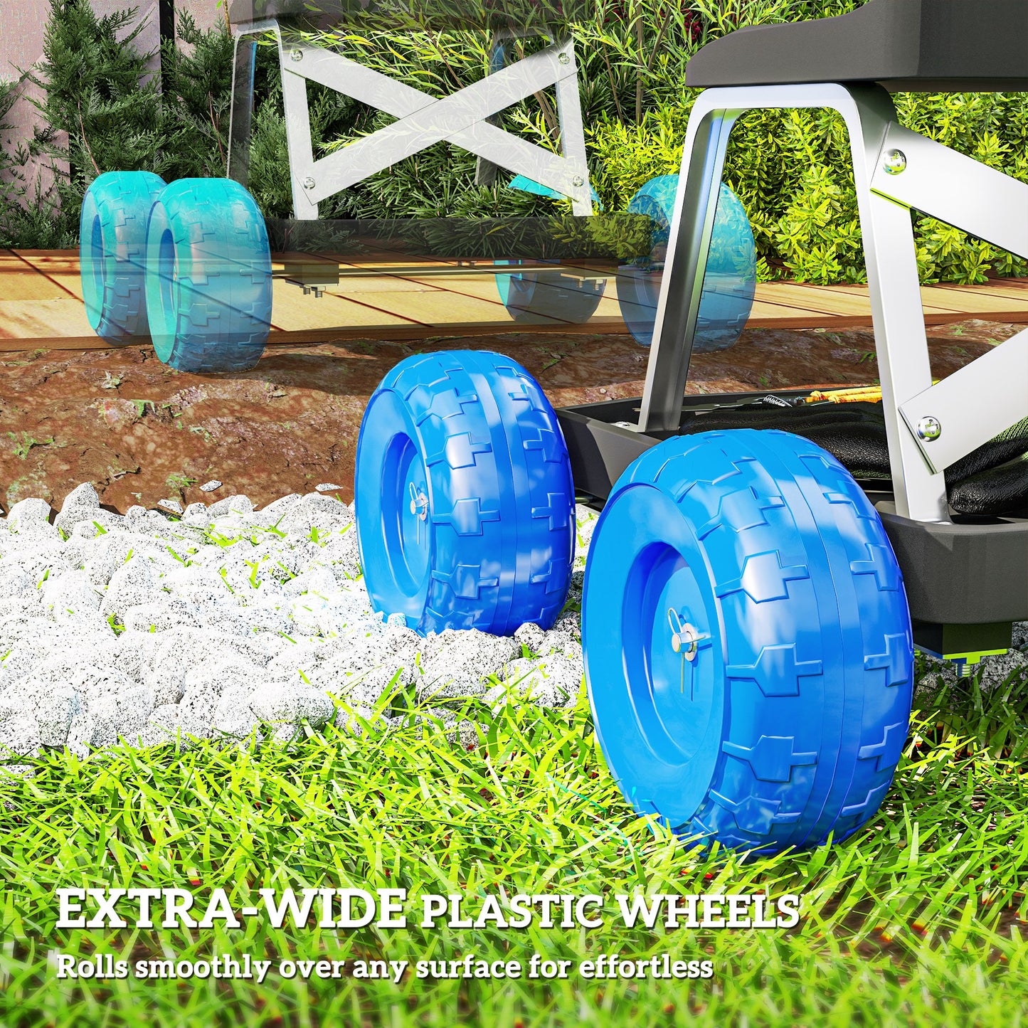 Outsunny Garden Storage Cart With Top Seat Blue Built In Tool Tray And Wide Plastic Wheels