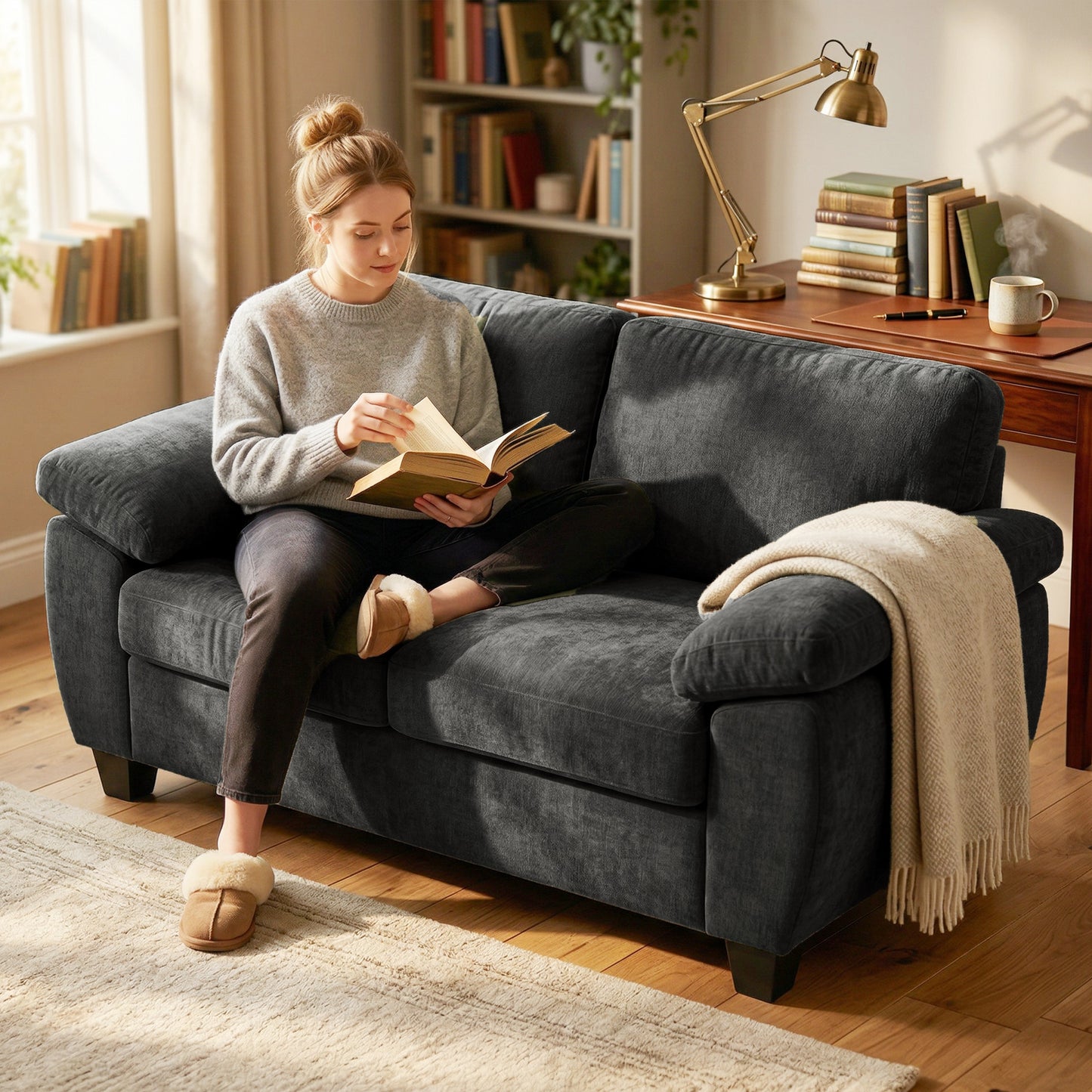 HOMCOM 2 Seater Chenille Sofa Loveseat 156cm Dark Grey With Thick Spring Cushion Seats