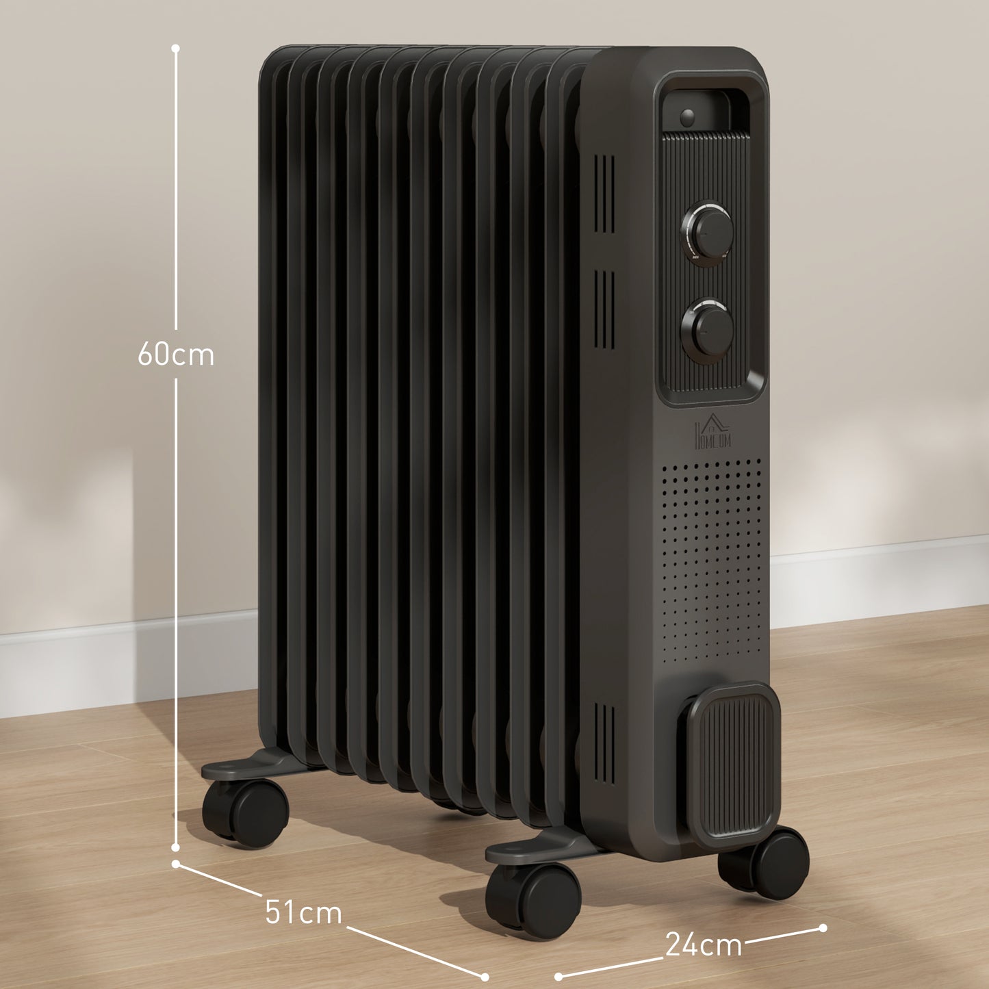 HOMCOM 2500W Oil Filled Radiator With 11 Fin Portable Electric Heater 3 Heat Settings Safety Cut Off And Wheels Grey