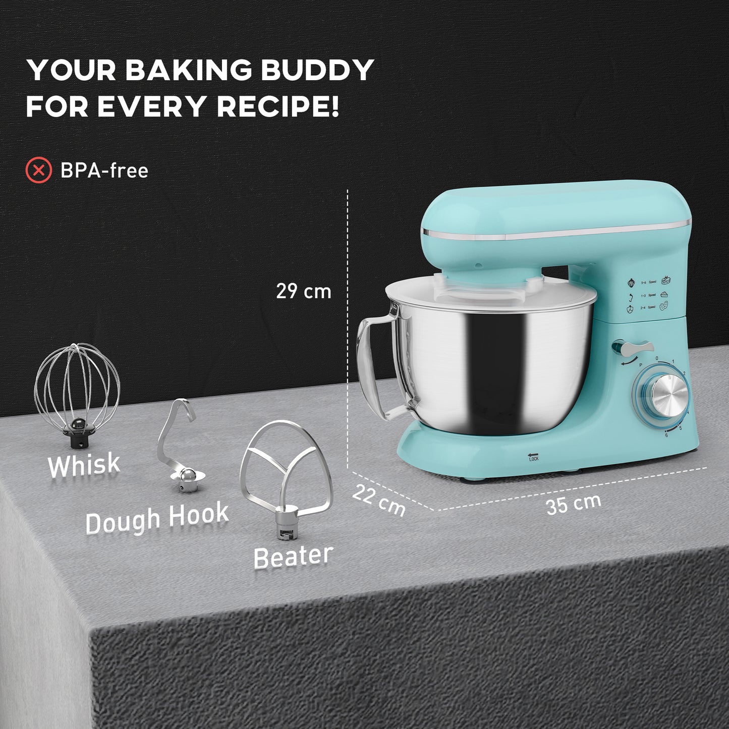 HOMCOM 1300W Kitchen Stand Mixer with Accessories Blue Four Point Five Liter Stainless Steel Bowl Six Speed Pulsation